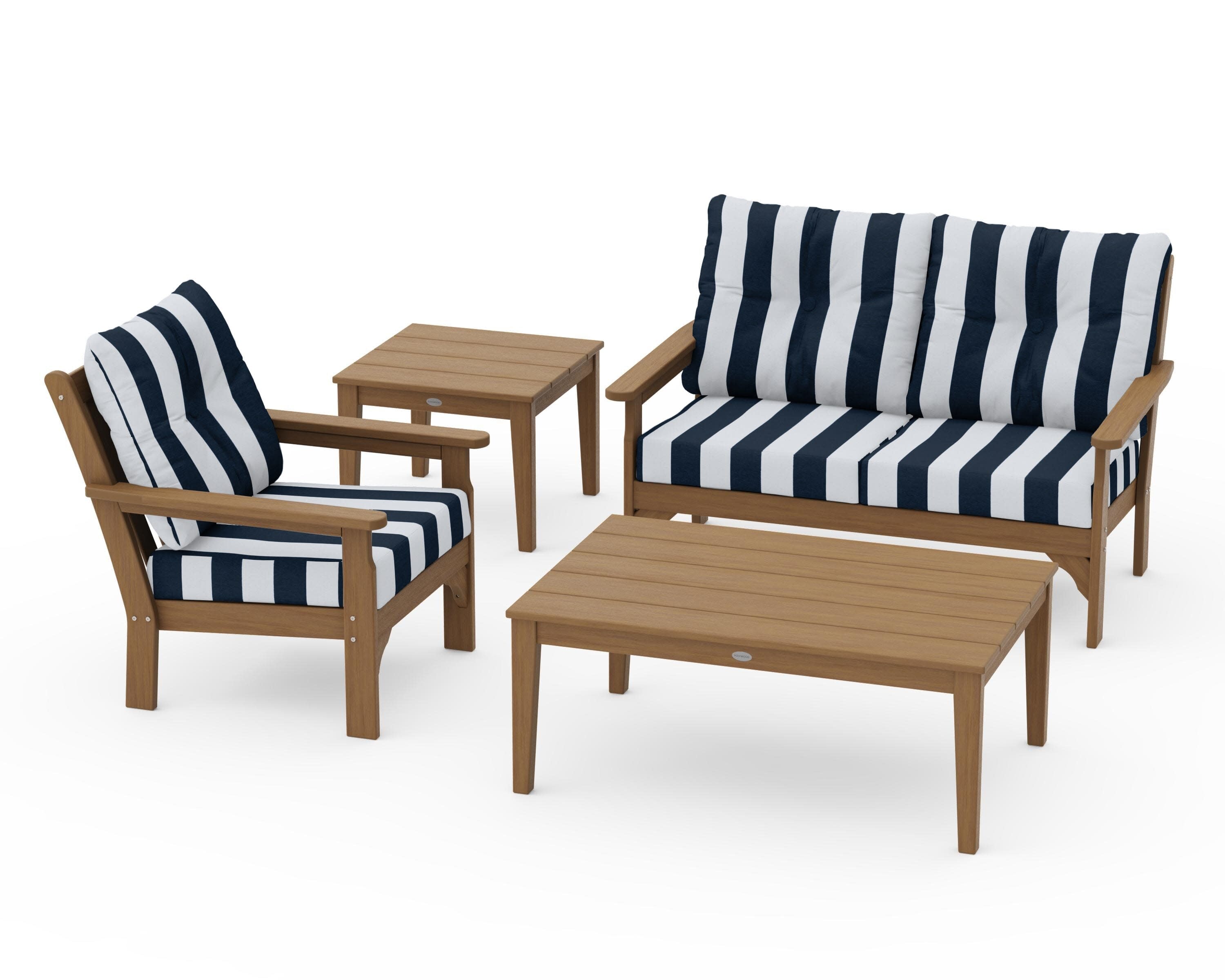 Vineyard 4-Piece Deep Seating Set in Natural / Cabana Stripe Marine Indigo