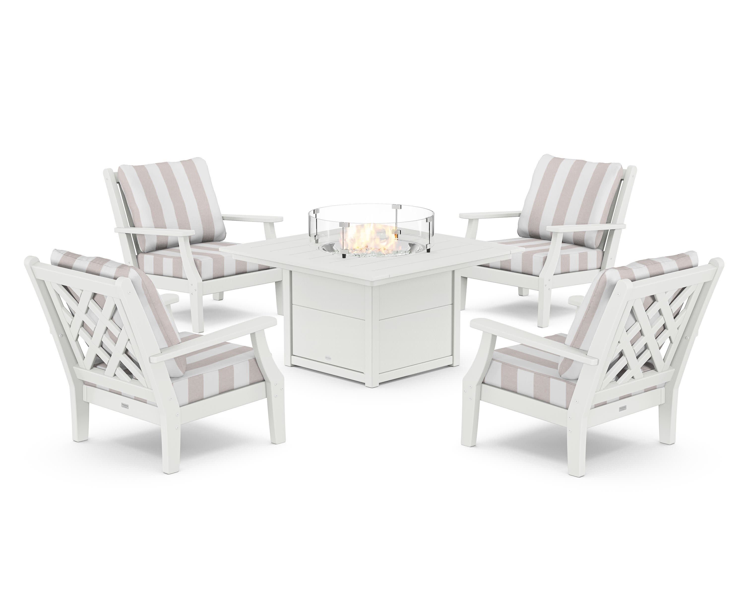 Wovendale 5-Piece Deep Seating Set with Fire Pit Table in White / Cabana Stripe Dune Burlap