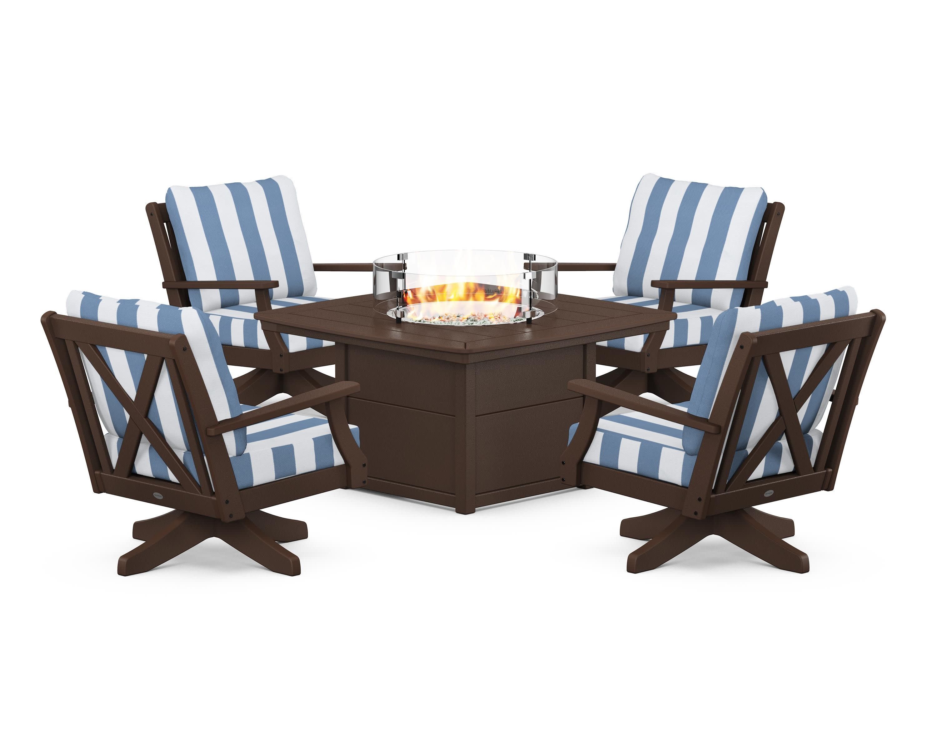 Braxton 5-Piece Deep Seating Swivel Conversation Set with Fire Pit Table in Mahogany / Cabana Stripe Sky Blue
