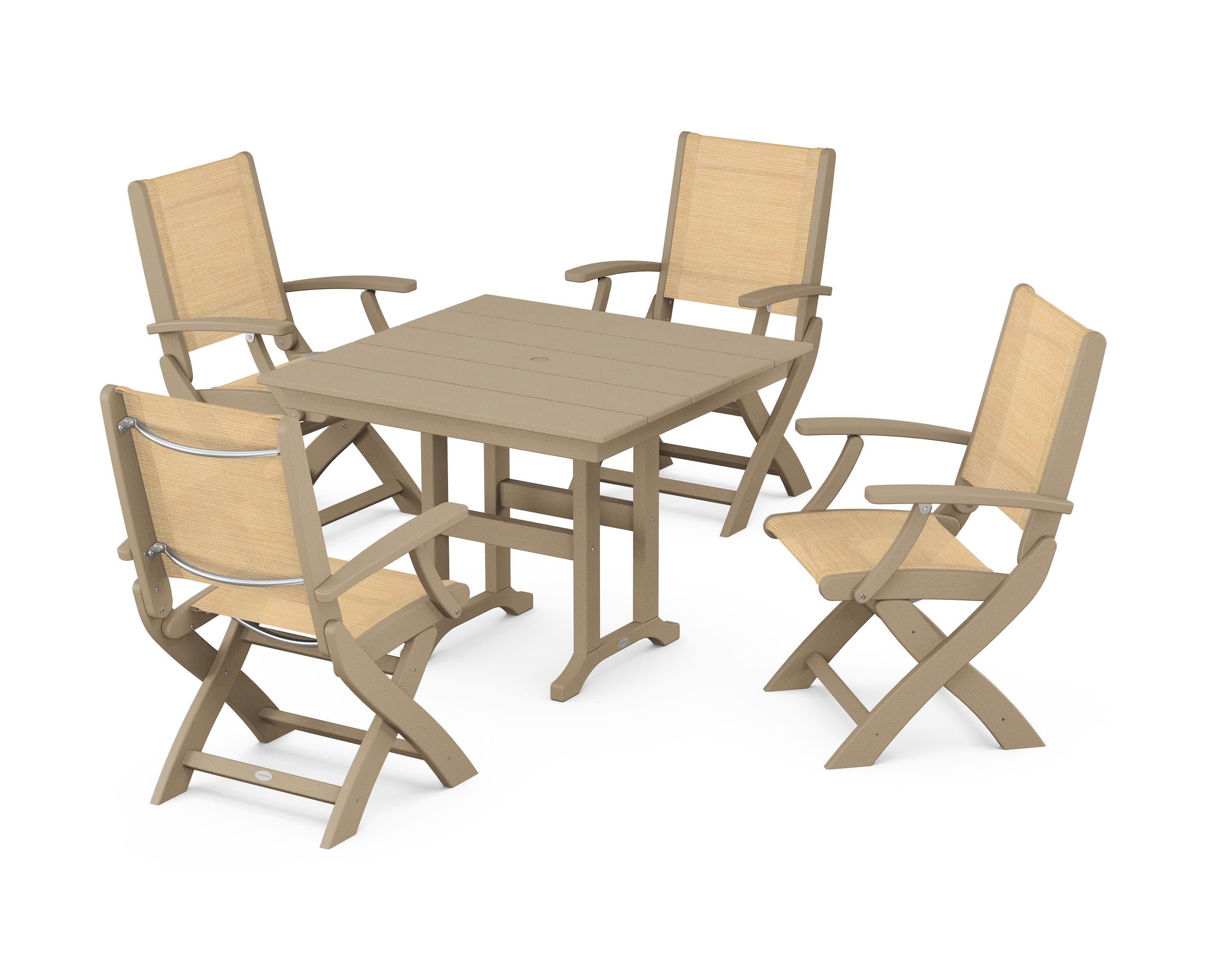 Coastal Folding Chair 5-Piece Farmhouse Dining Set in Vintage Sahara / Dupioni Apricot Sling