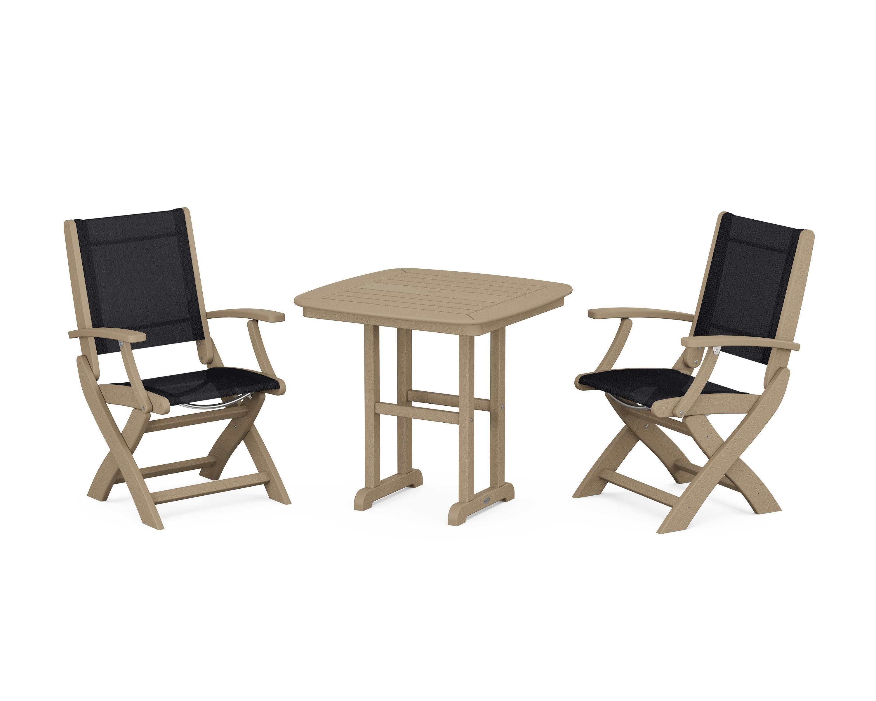Coastal Folding Chair 3-Piece Dining Set in Vintage Sahara / Black Sling