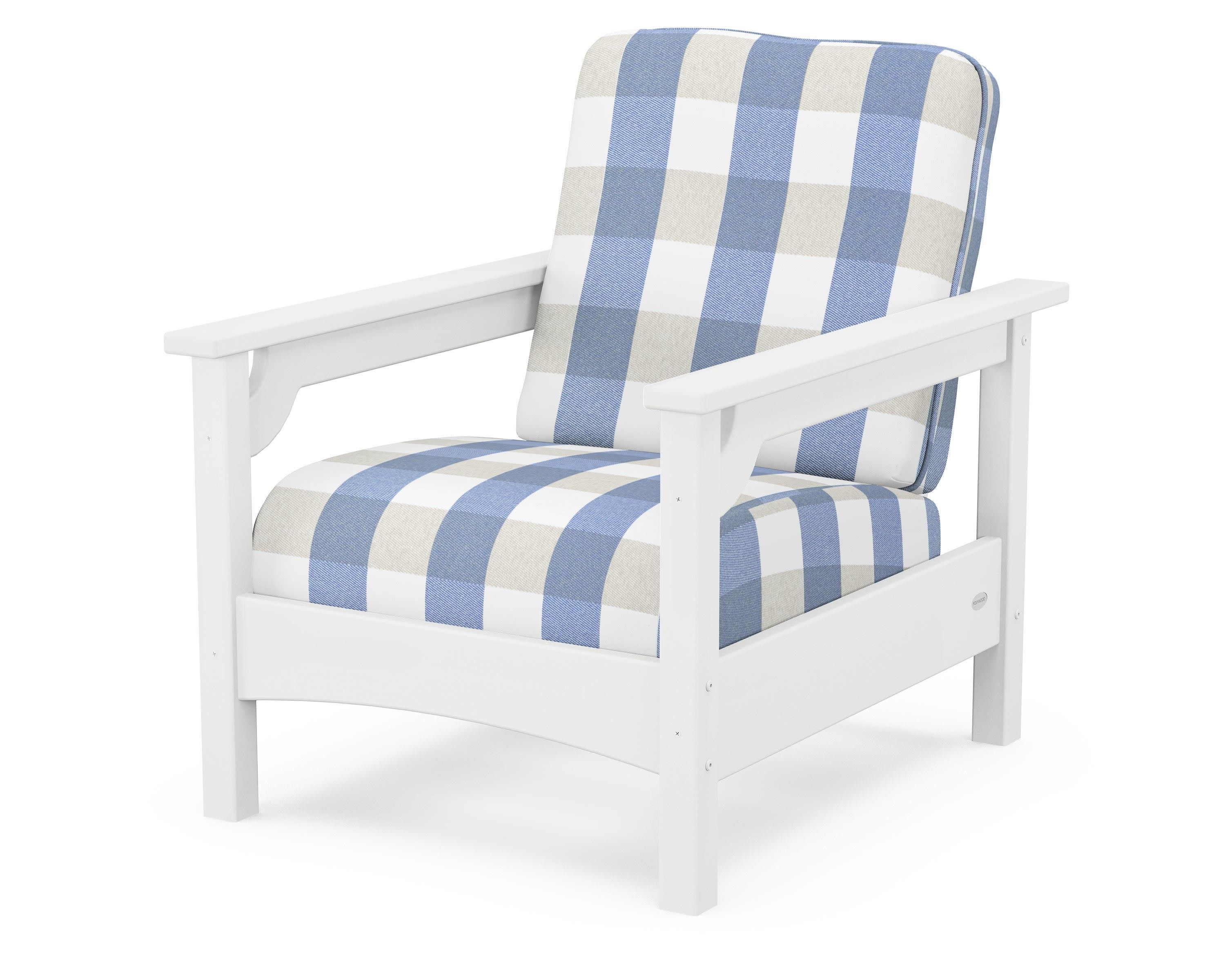 Club Chair in White / Buffalo Plaid Sky Blue