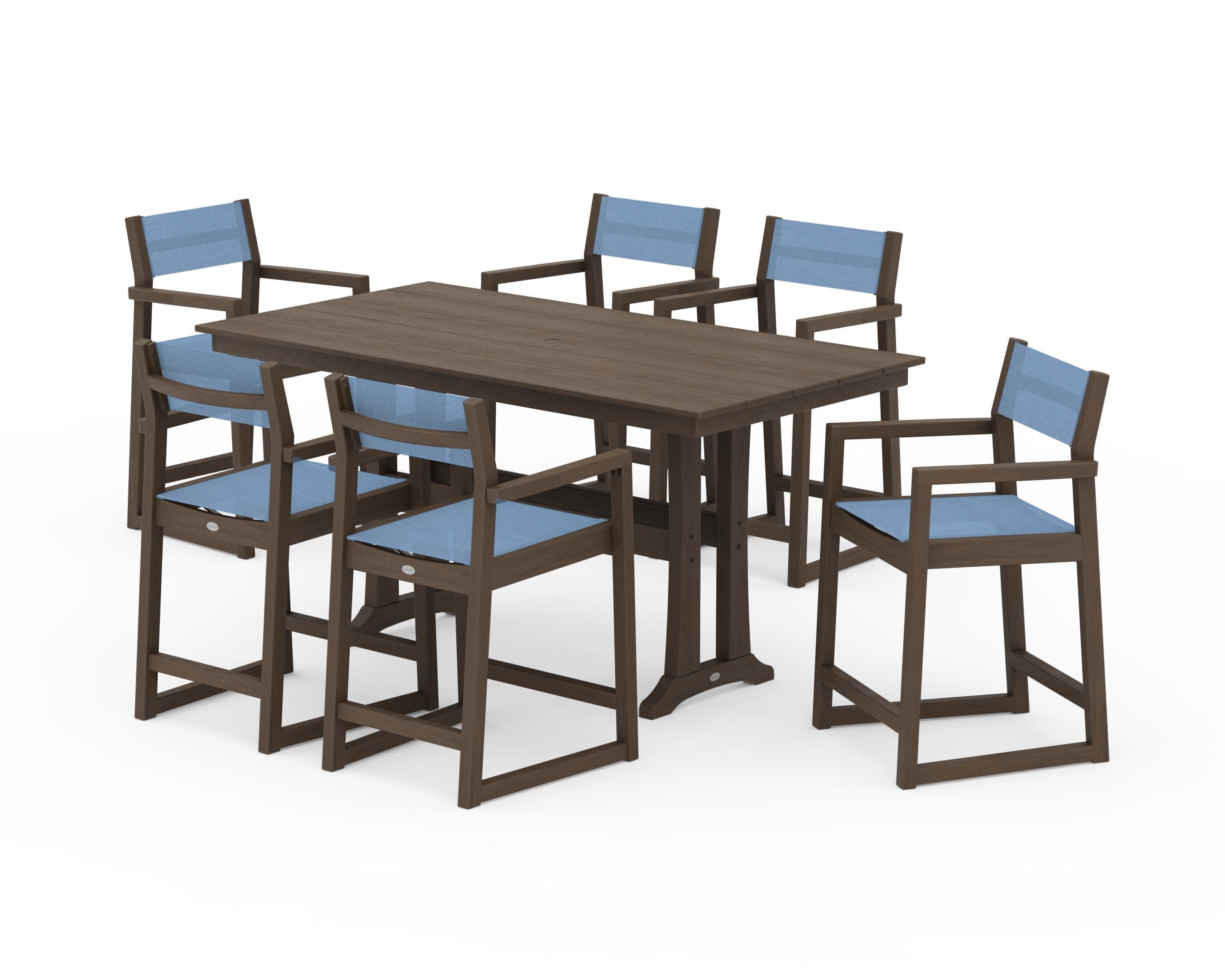 EDGE Sling Arm Chair 7-Piece Farmhouse Counter Set with Trestle Legs in Kona / Poolside Sling