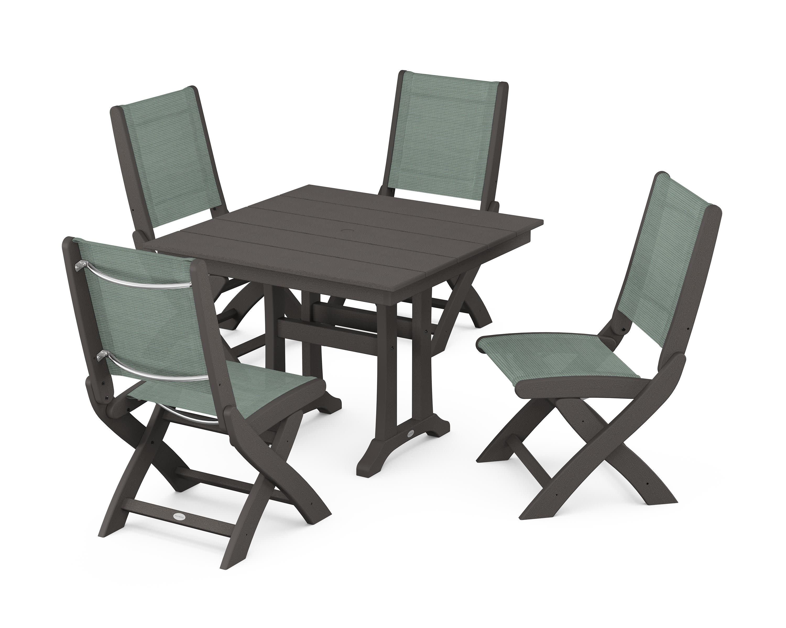 Coastal Folding Side Chair 5-Piece Farmhouse Dining Set With Trestle Legs in Vintage Coffee / Dupioni Sea Mist Sling
