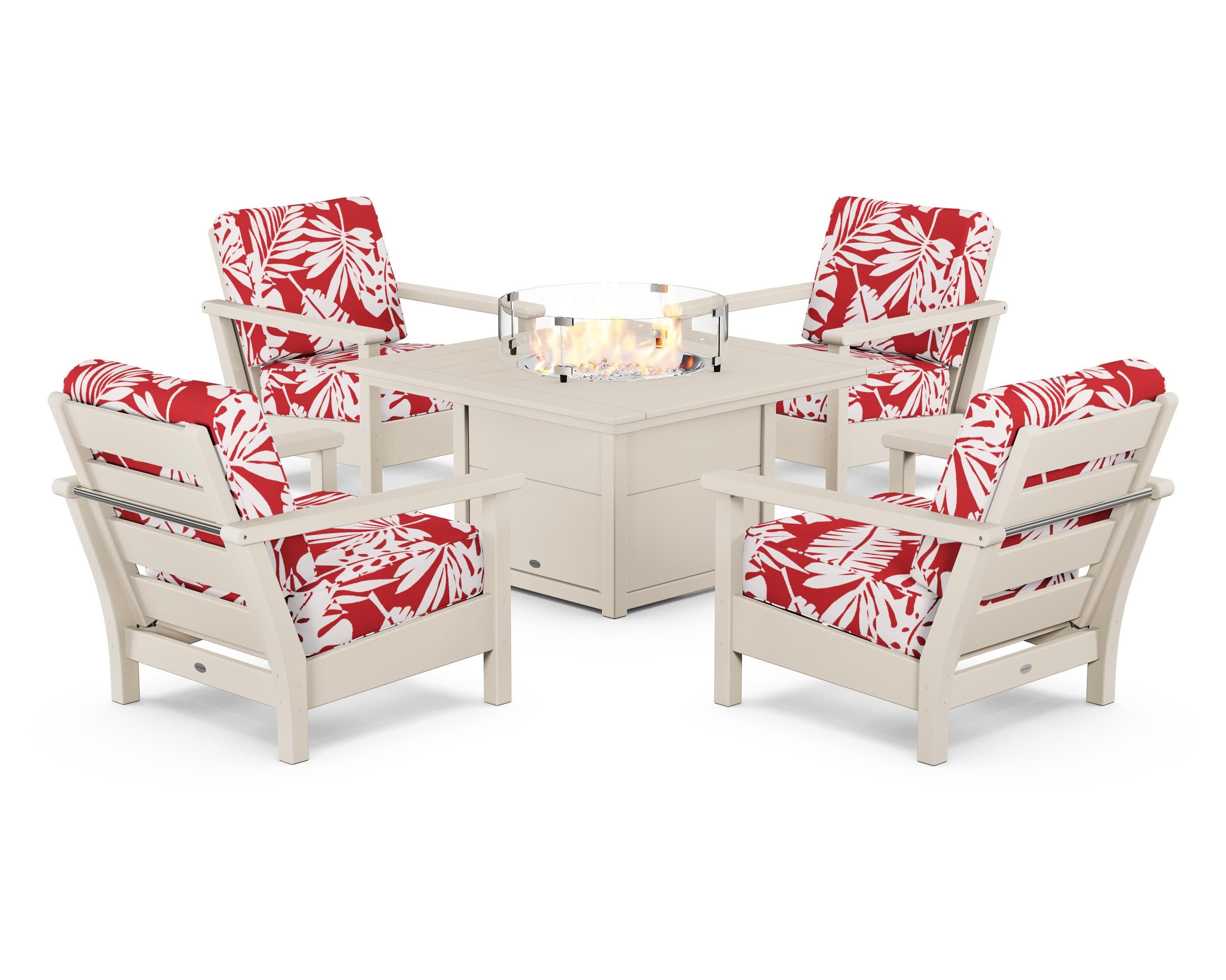 Harbour 5-Piece Conversation Set with Fire Pit Table in Sand / Leaf Crimson
