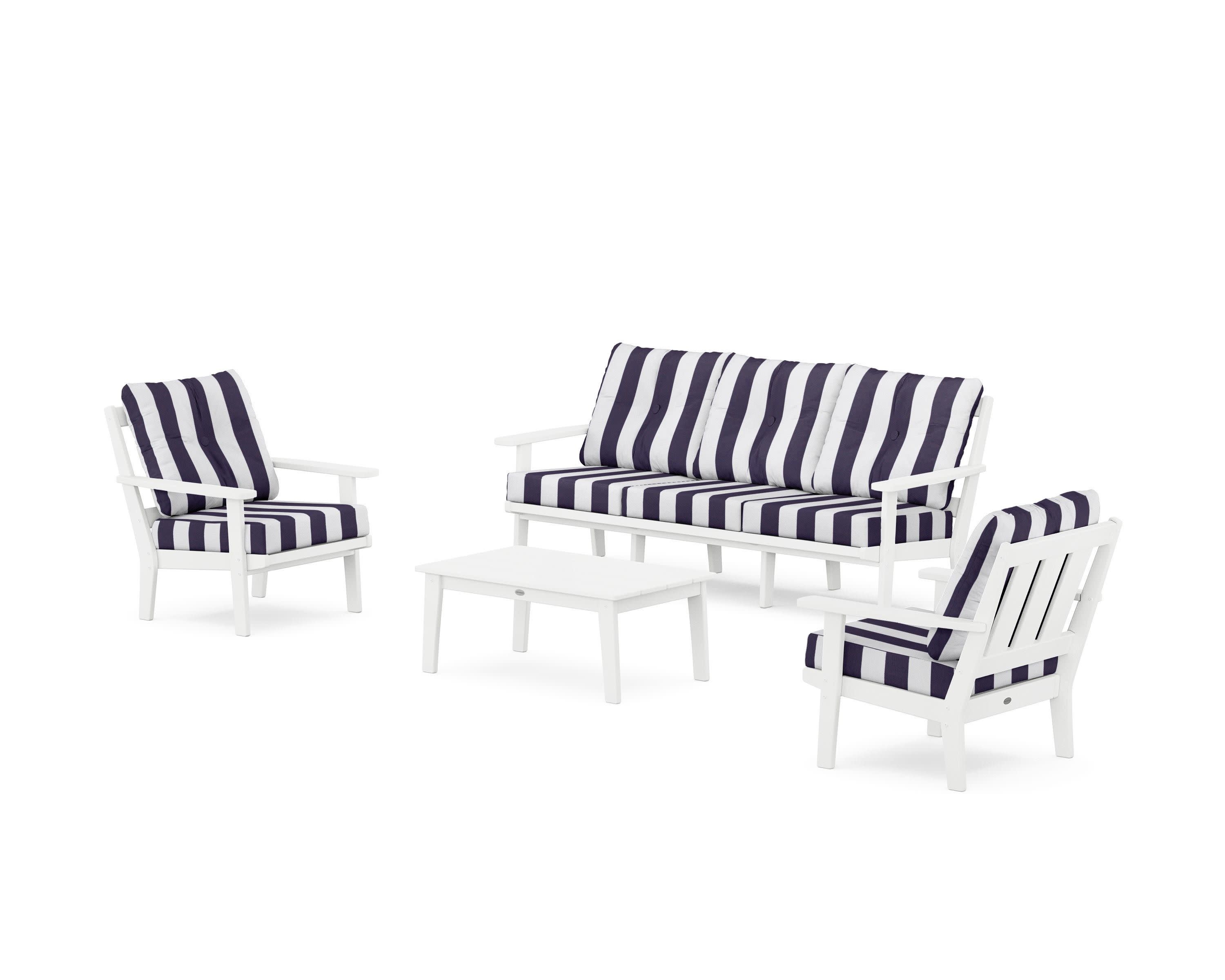 Oxford 4-Piece Deep Seating Set with Sofa in White / Cabana Stripe Navy