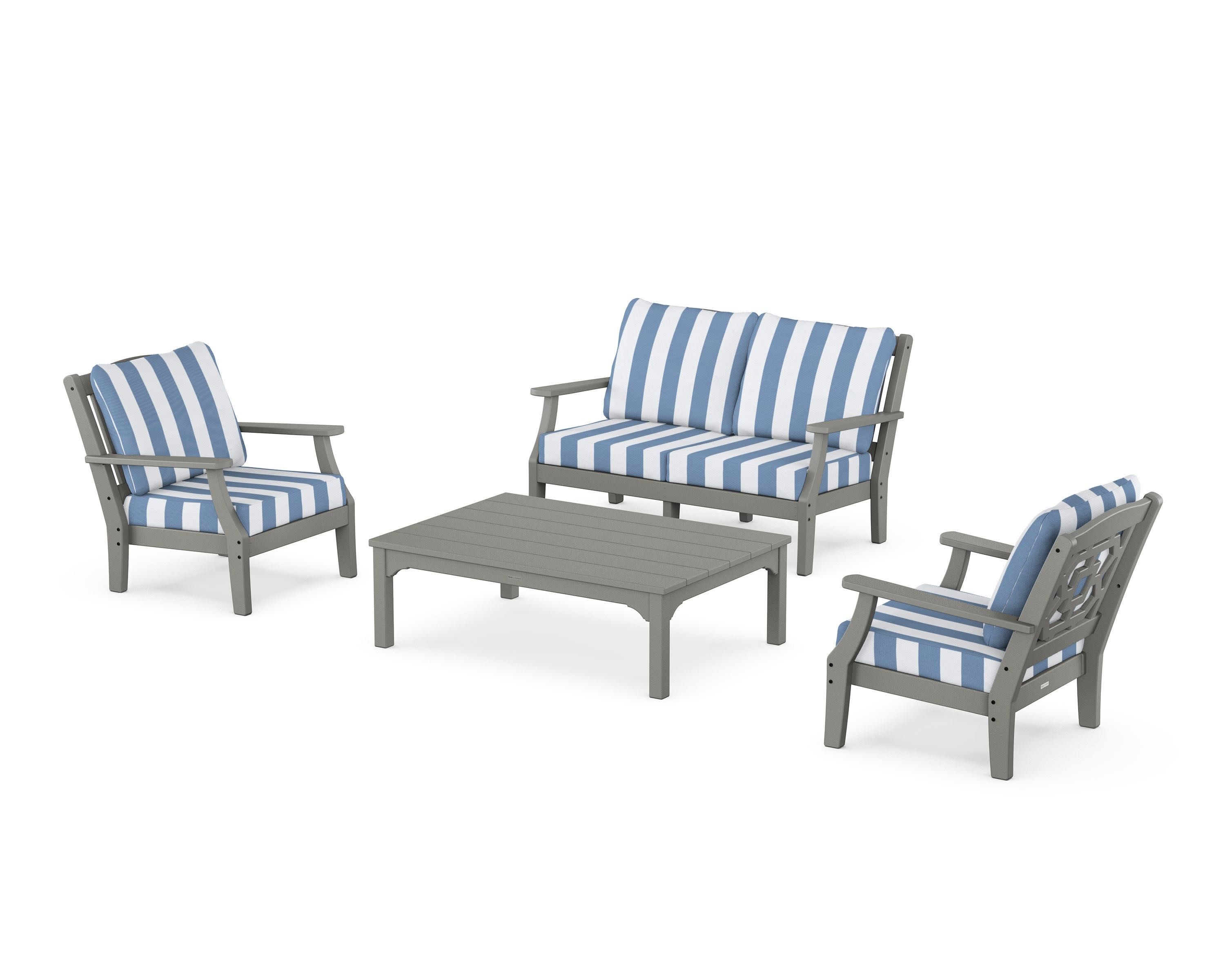 Chinoiserie 4-Piece Deep Seating Set with Loveseat in Slate Grey / Cabana Stripe Sky Blue
