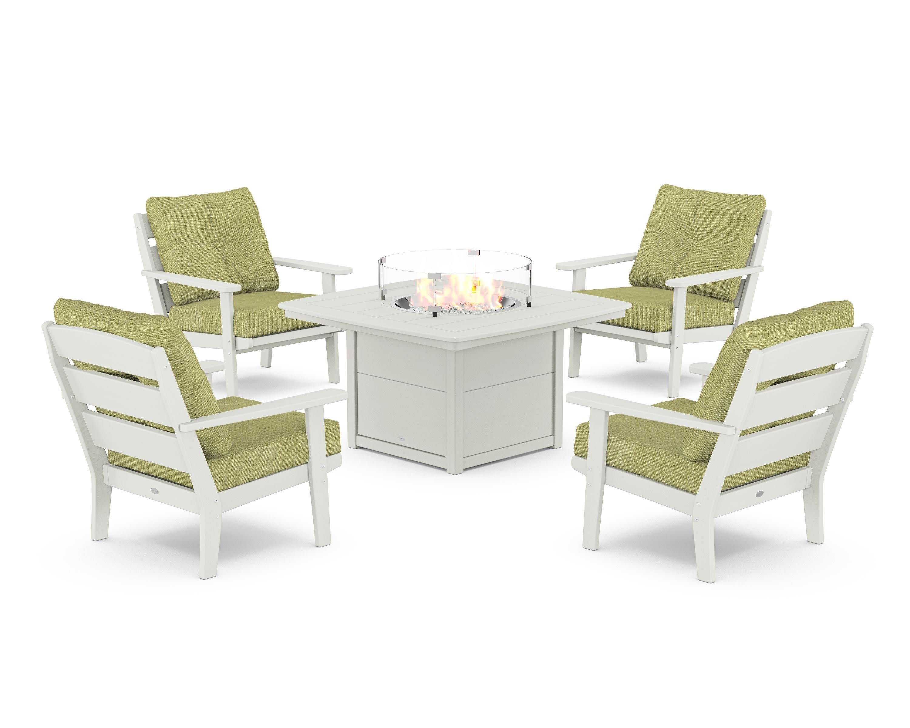 Lakeside 5-Piece Deep Seating Set with Nautical Fire Pit Table in Vintage White / Chartreuse Boucle