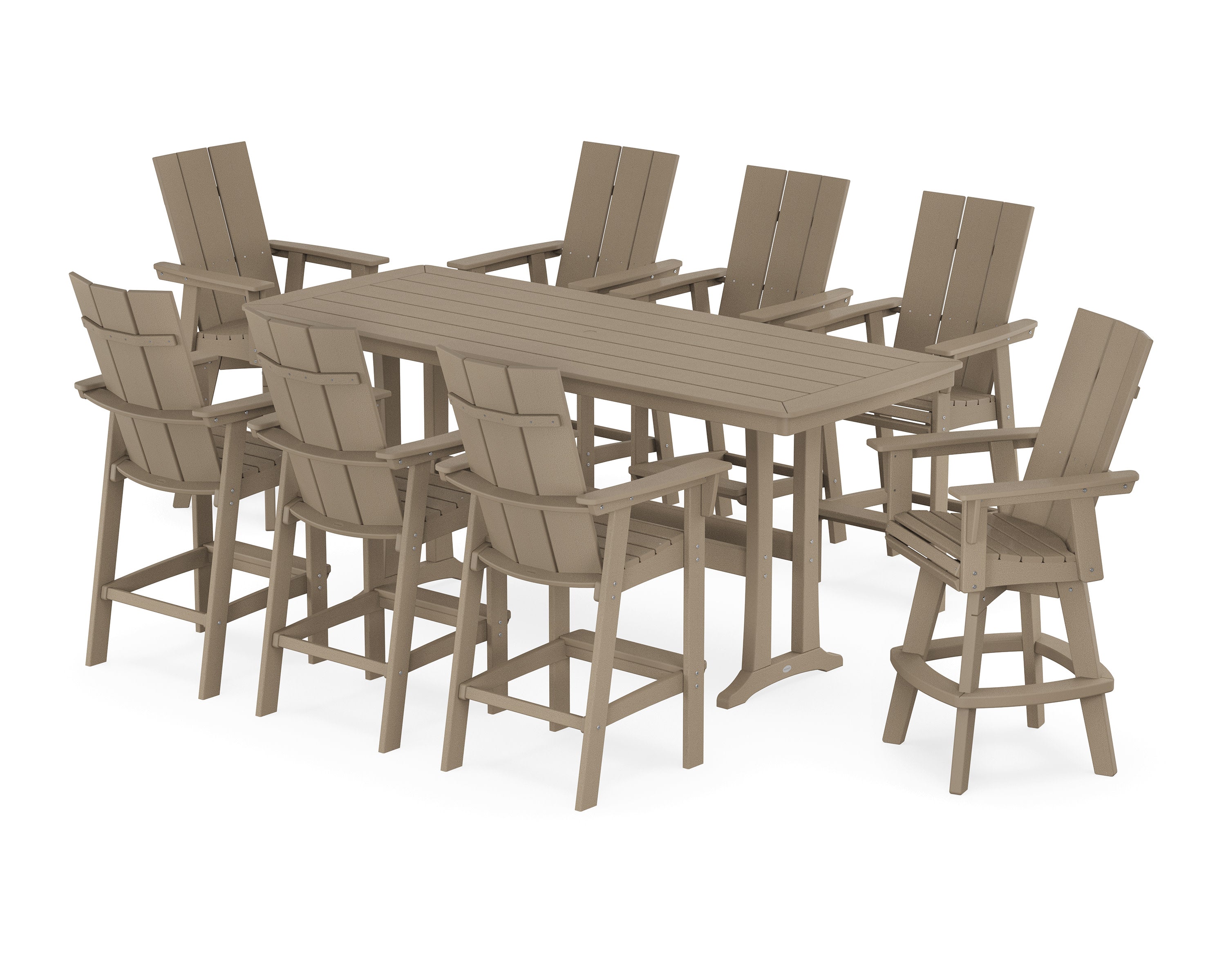 Modern Curveback Adirondack Swivel 9-Piece Bar Set with Trestle Legs in Vintage Sahara
