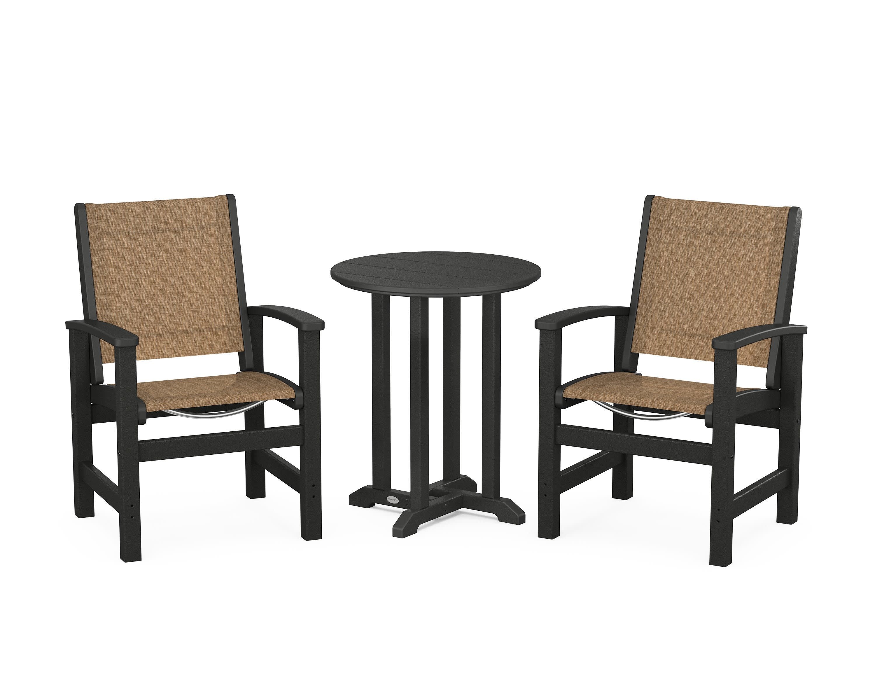 Coastal 3-Piece Round Bistro Dining Set in Black / Burlap Sling