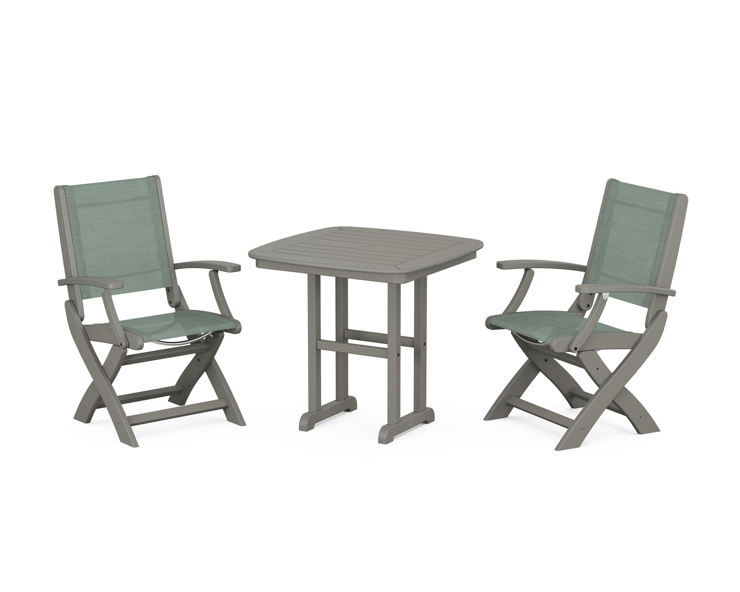 Coastal Folding Chair 3-Piece Dining Set in Slate Grey / Dupioni Sea Mist Sling