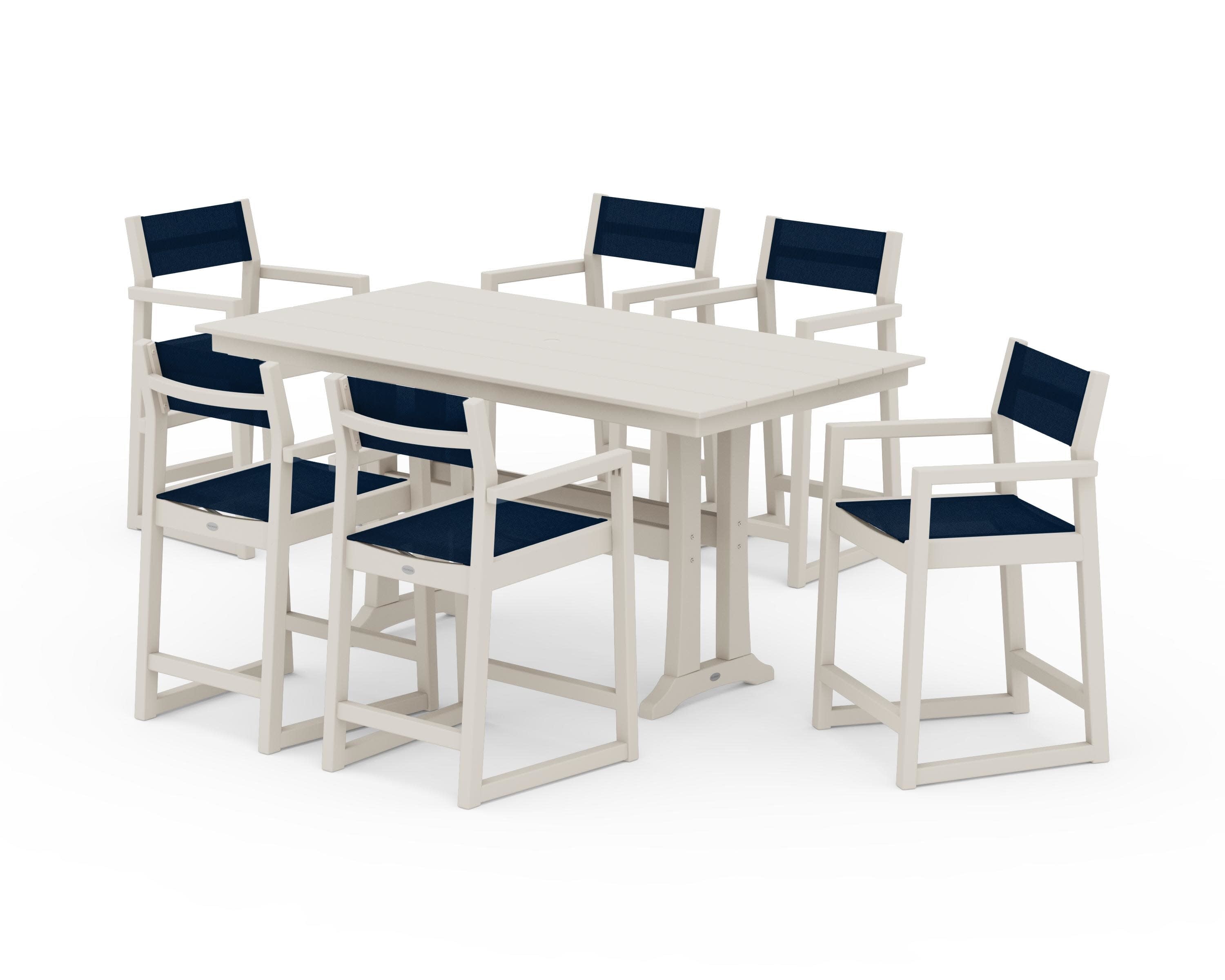 EDGE Sling Arm Chair 7-Piece Farmhouse Counter Set with Trestle Legs in Sand / Navy Blue Sling