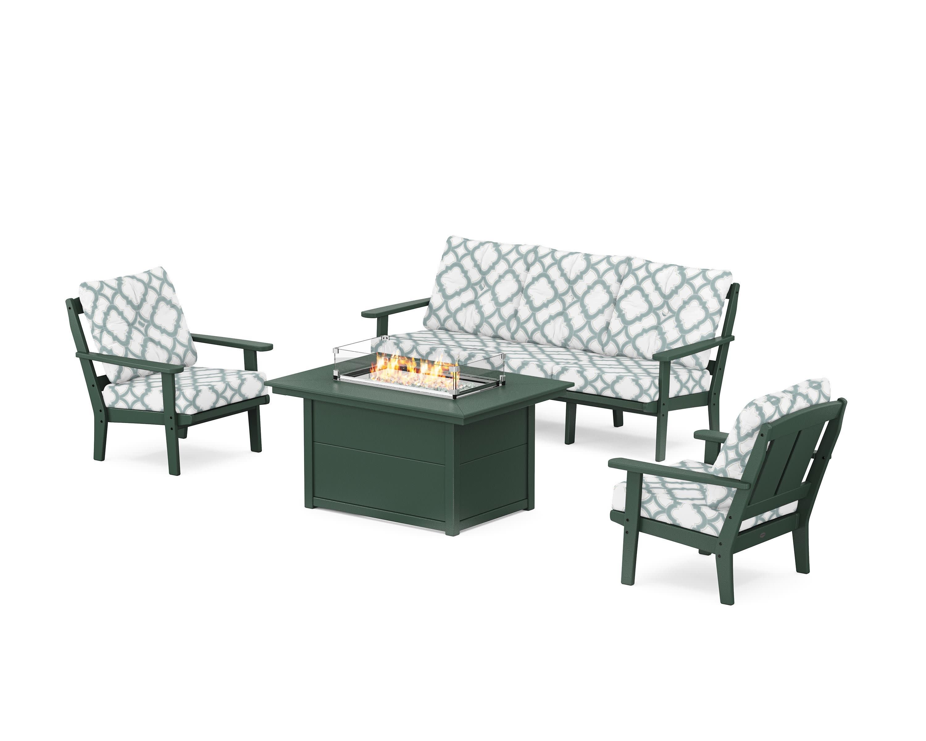 Mission Deep Seating Fire Pit Table Set in Green / Trellis Glacier Spa