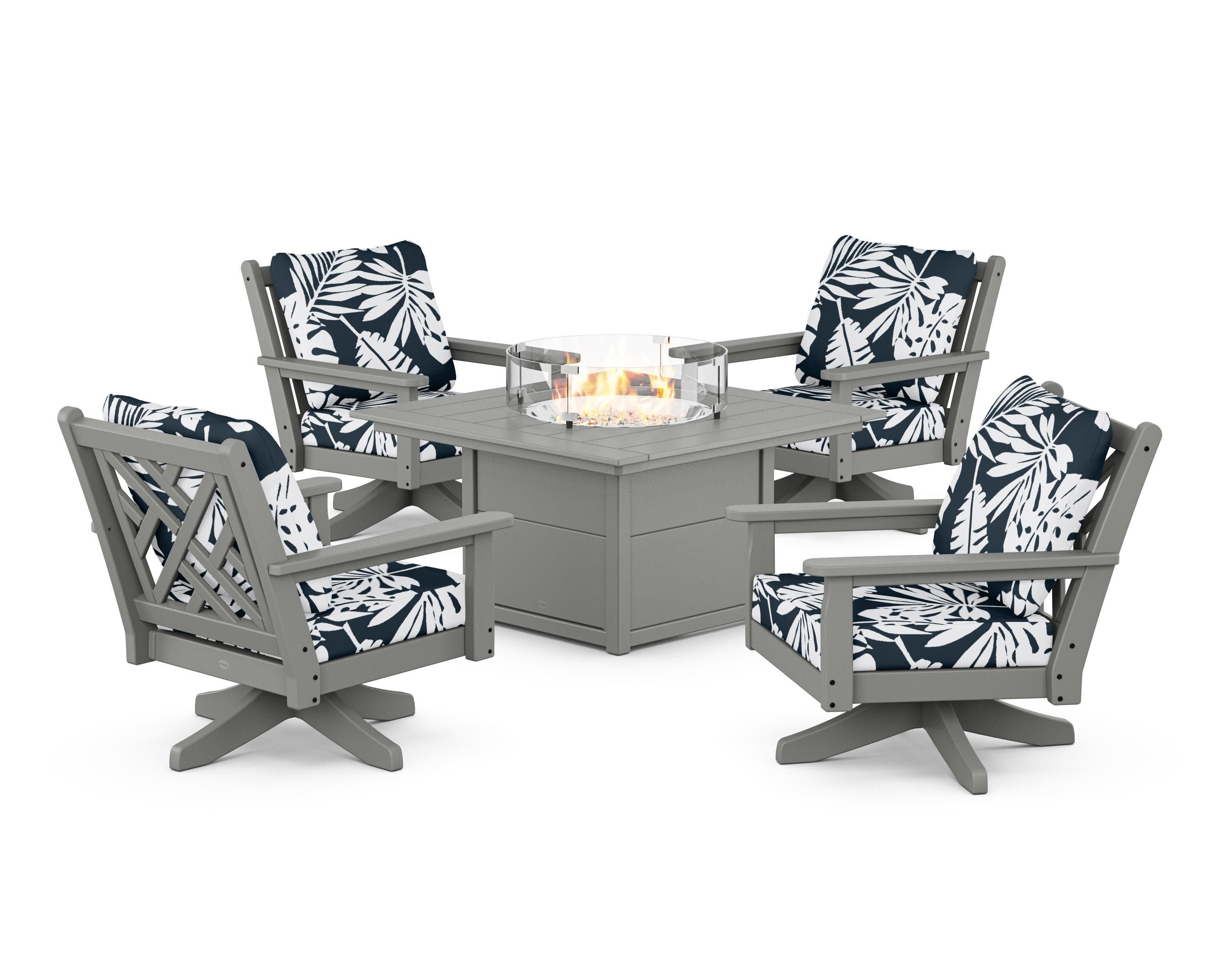 Chippendale 5-Piece Deep Seating Swivel Conversation Set with Fire Pit Table in Slate Grey / Leaf Marine Indigo