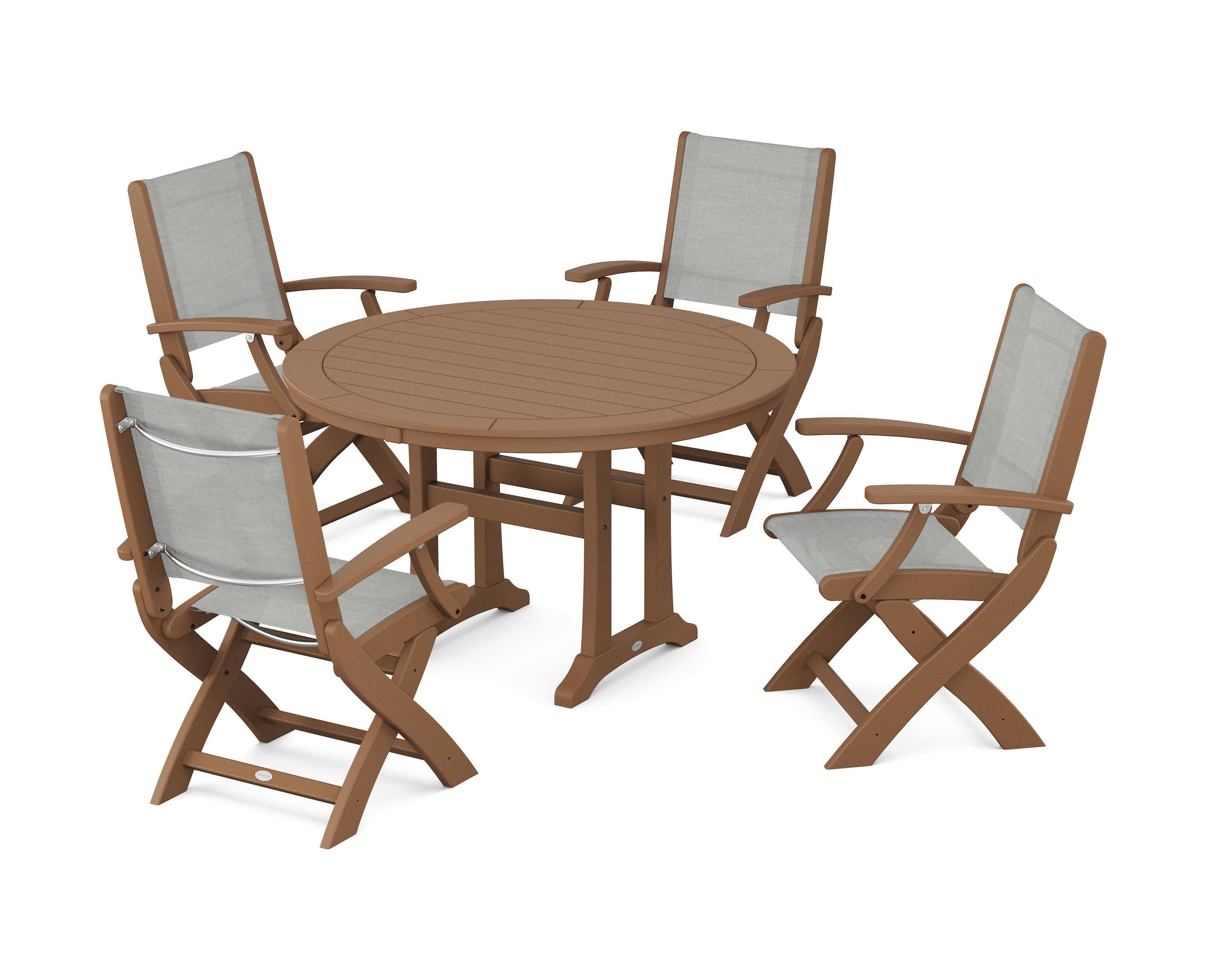 Coastal Folding Chair 5-Piece Round Dining Set with Trestle Legs in Teak / Metallic Sling