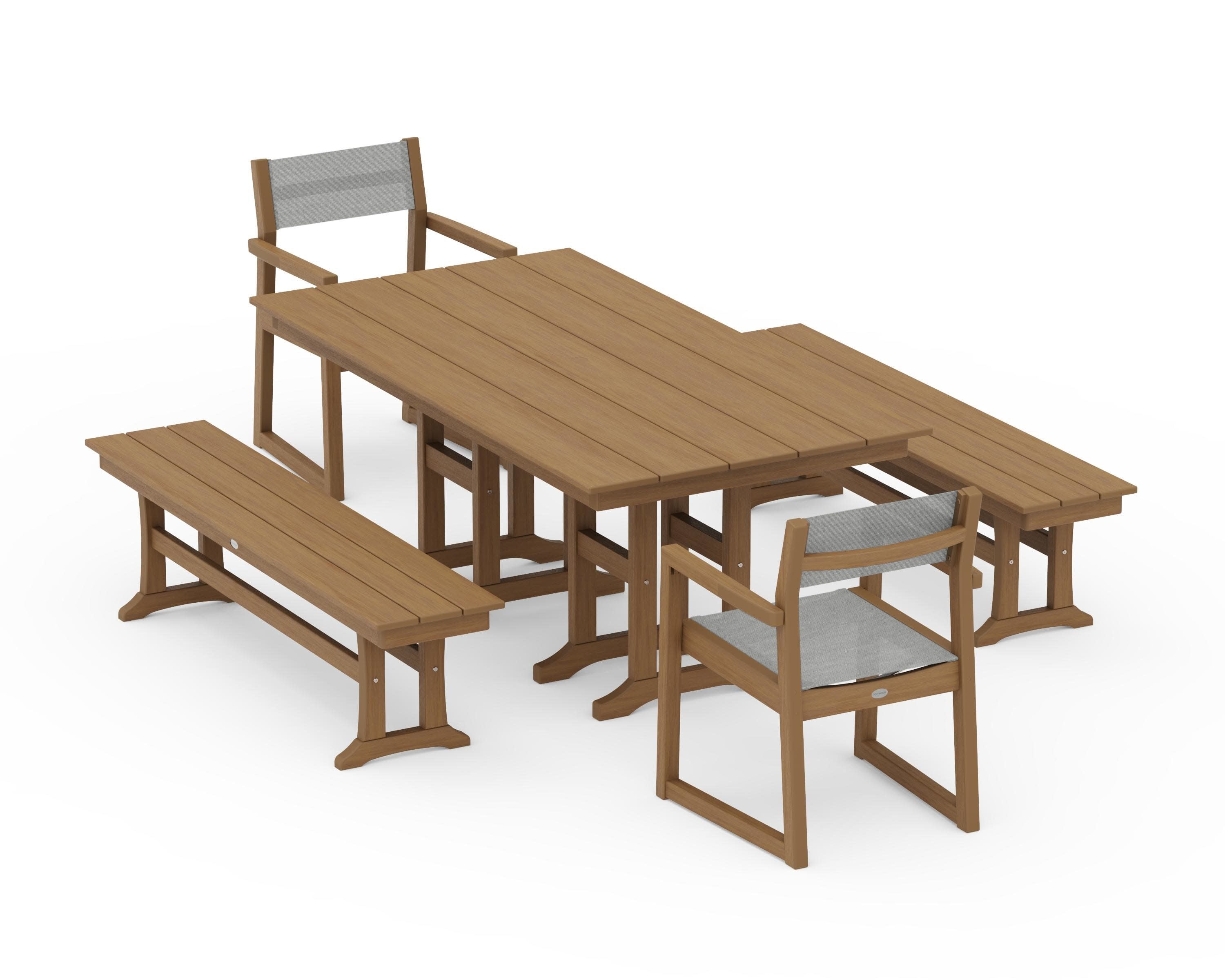 EDGE Sling Arm Chair 5-Piece Farmhouse Dining Set with Benches in Natural / Metallic Sling