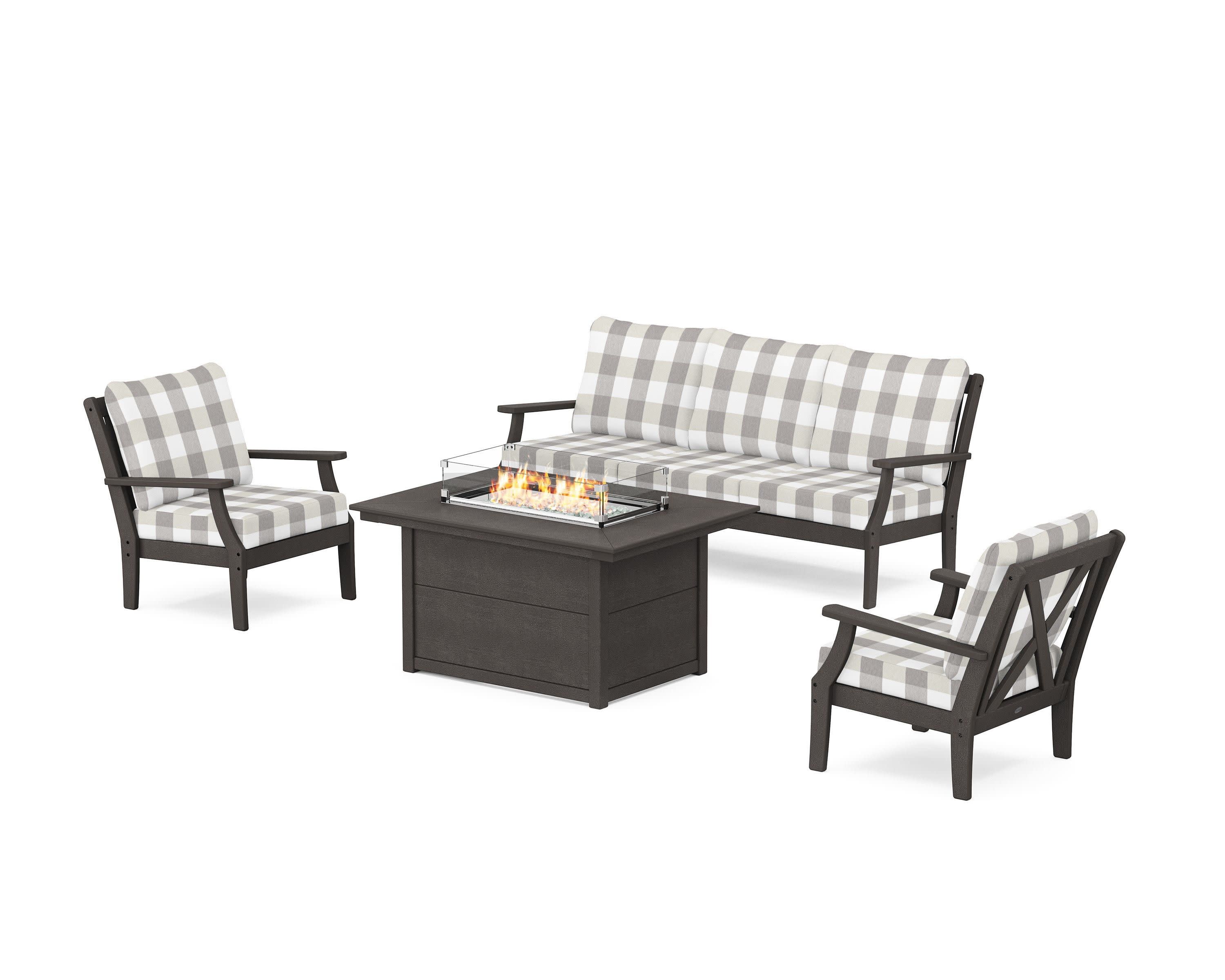 Braxton Deep Seating Fire Pit Table Set in Vintage Coffee / Buffalo Plaid Grey Mist