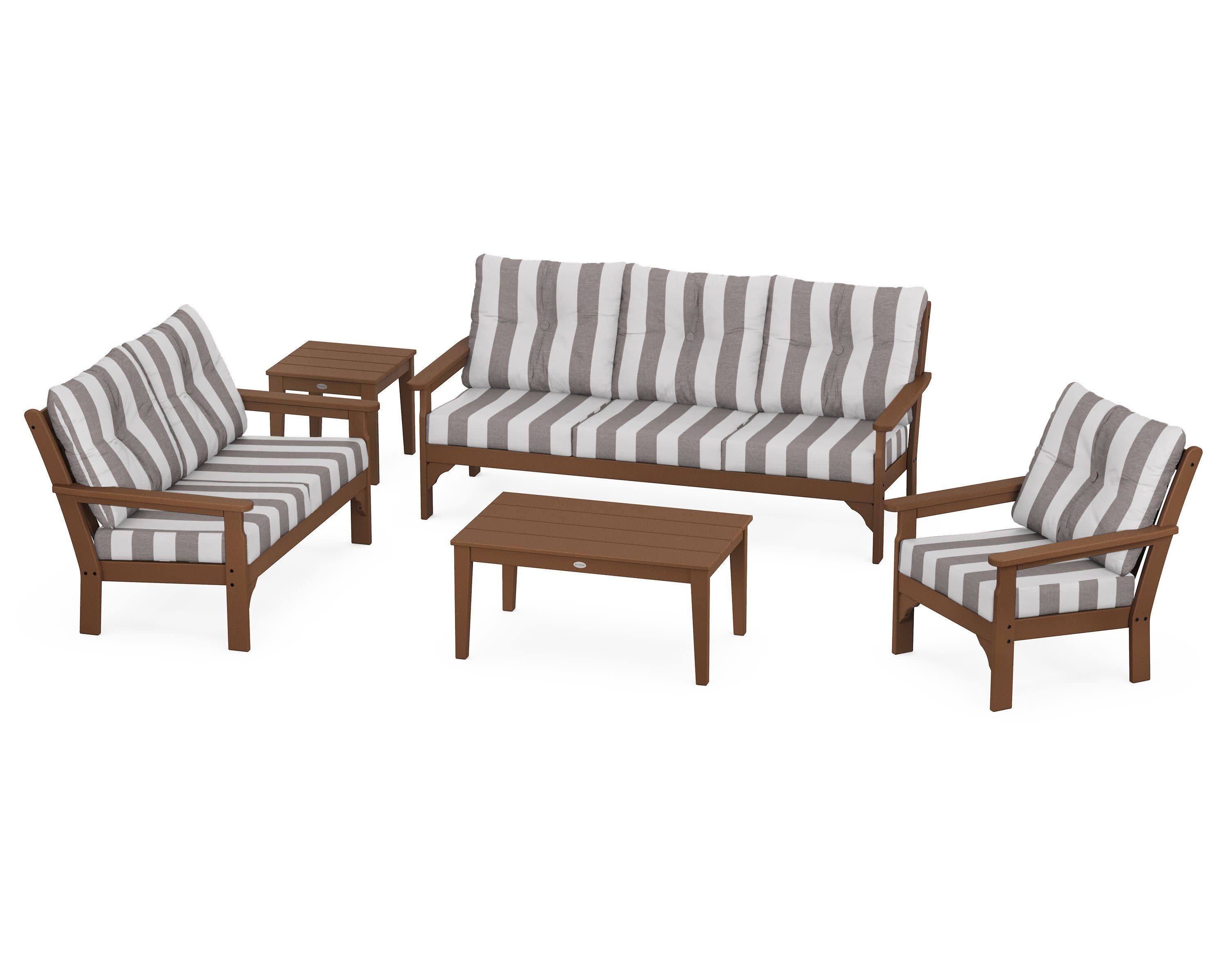 Vineyard 5 Piece Deep Seating Set in Teak / Cabana Stripe Grey Mist