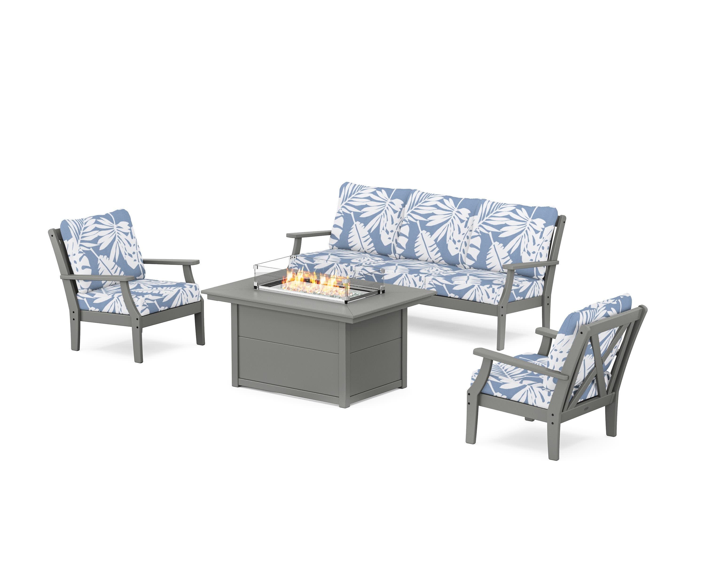 Braxton Deep Seating Fire Pit Table Set in Slate Grey / Leaf Sky Blue