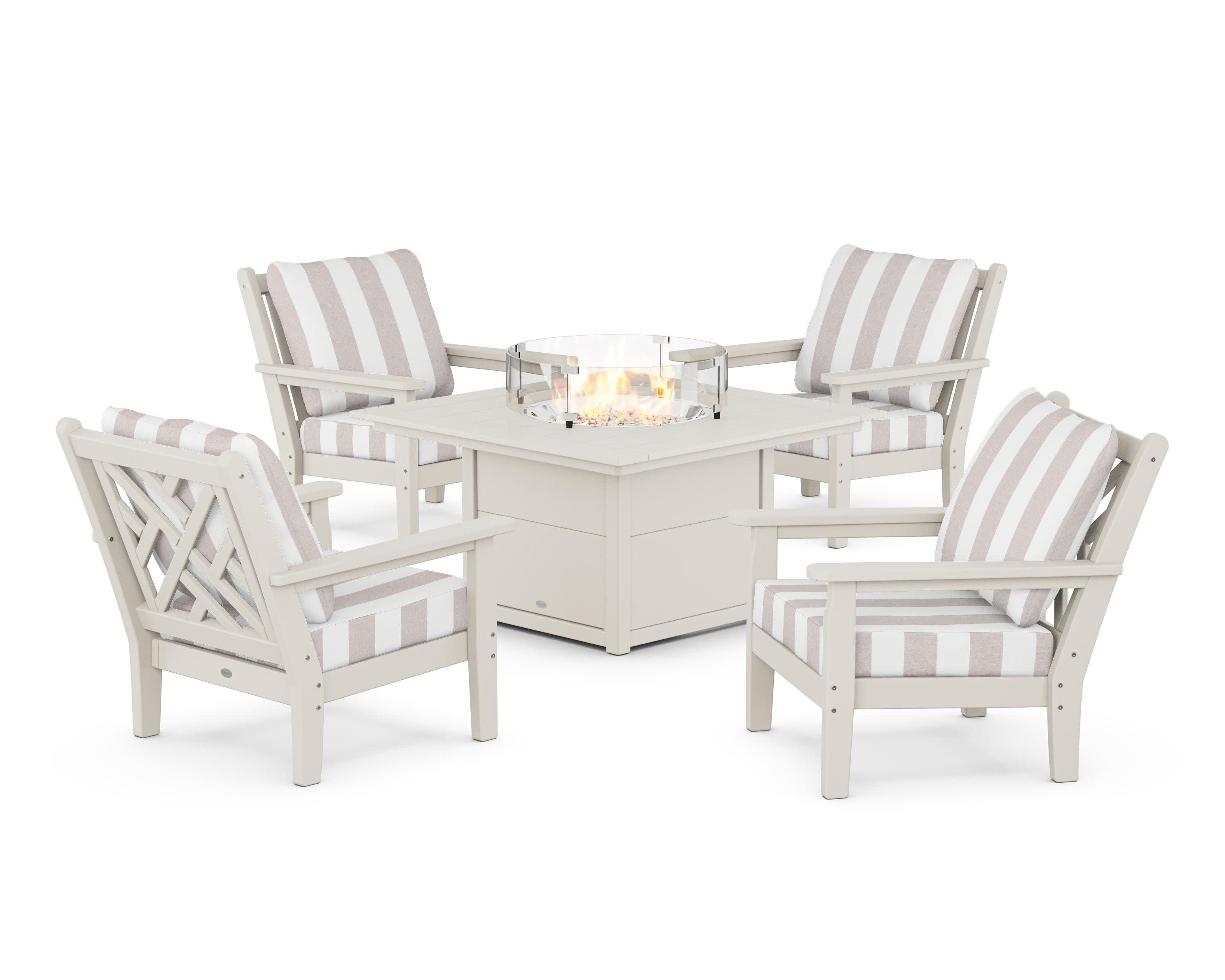 Chippendale 5-Piece Deep Seating Set with Fire Pit Table in Sand / Cabana Stripe Dune Burlap