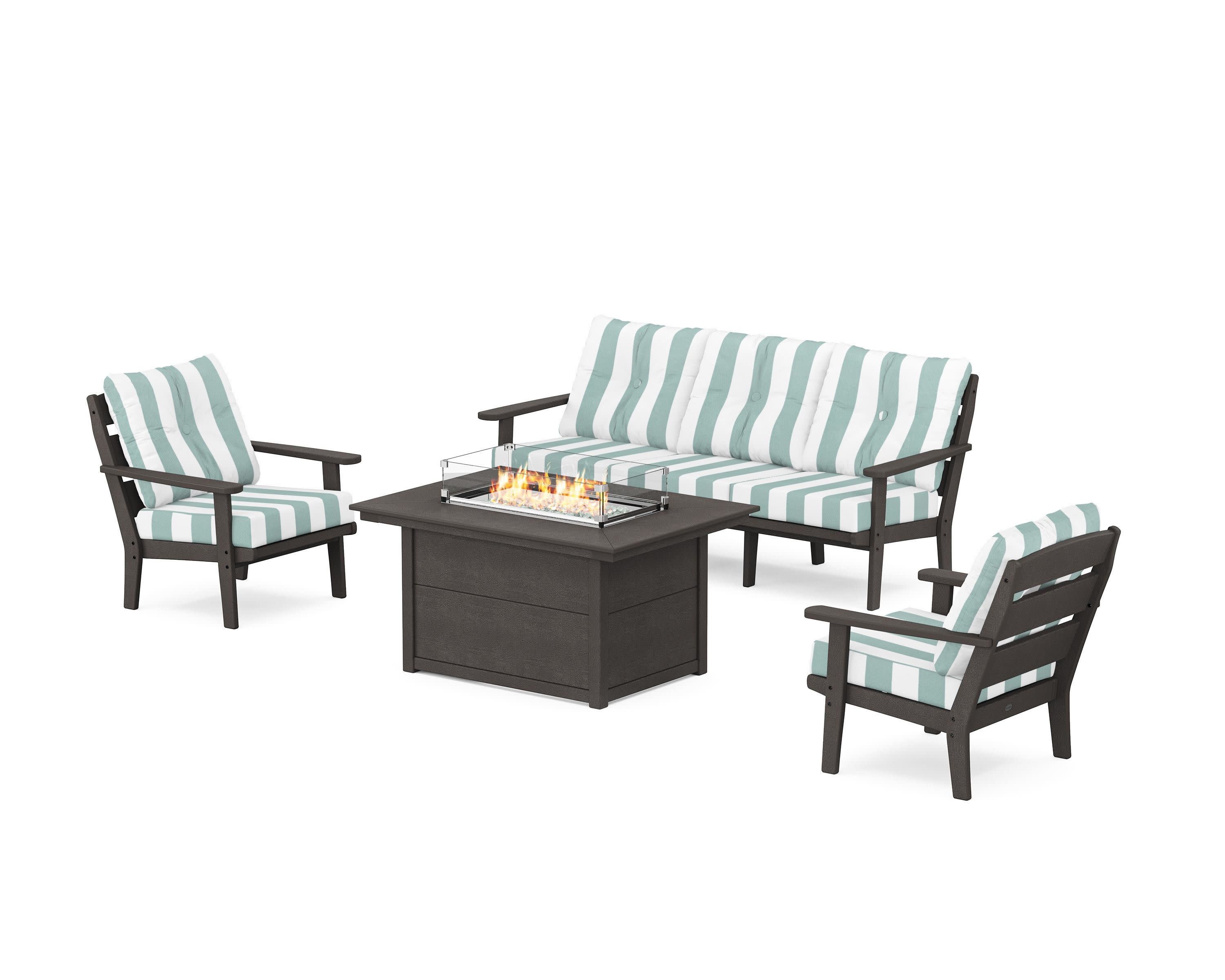 Lakeside Deep Seating Fire Pit Table Set in Vintage Coffee / Cabana Stripe Glacier Spa