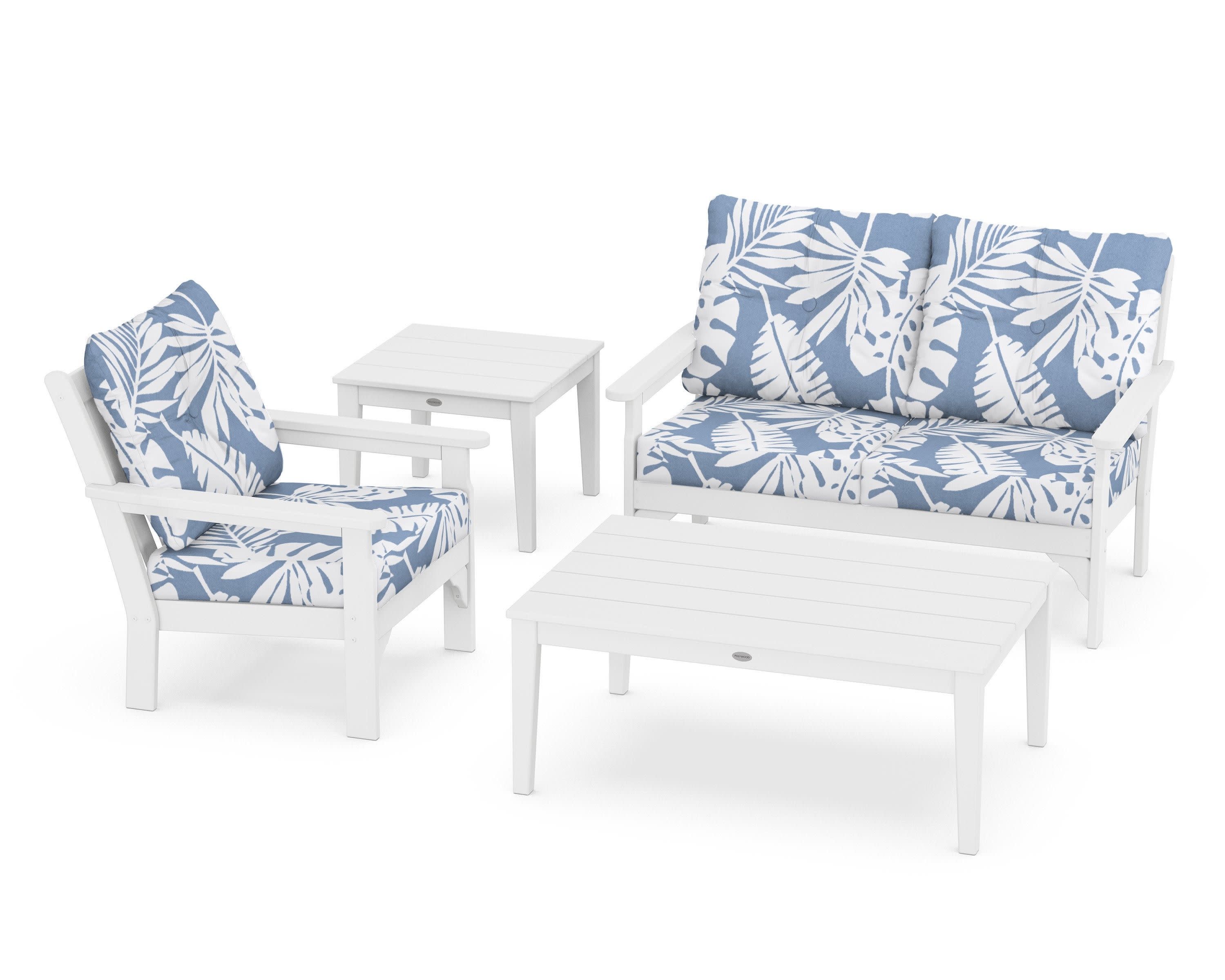 Vineyard 4-Piece Deep Seating Set in White / Leaf Sky Blue