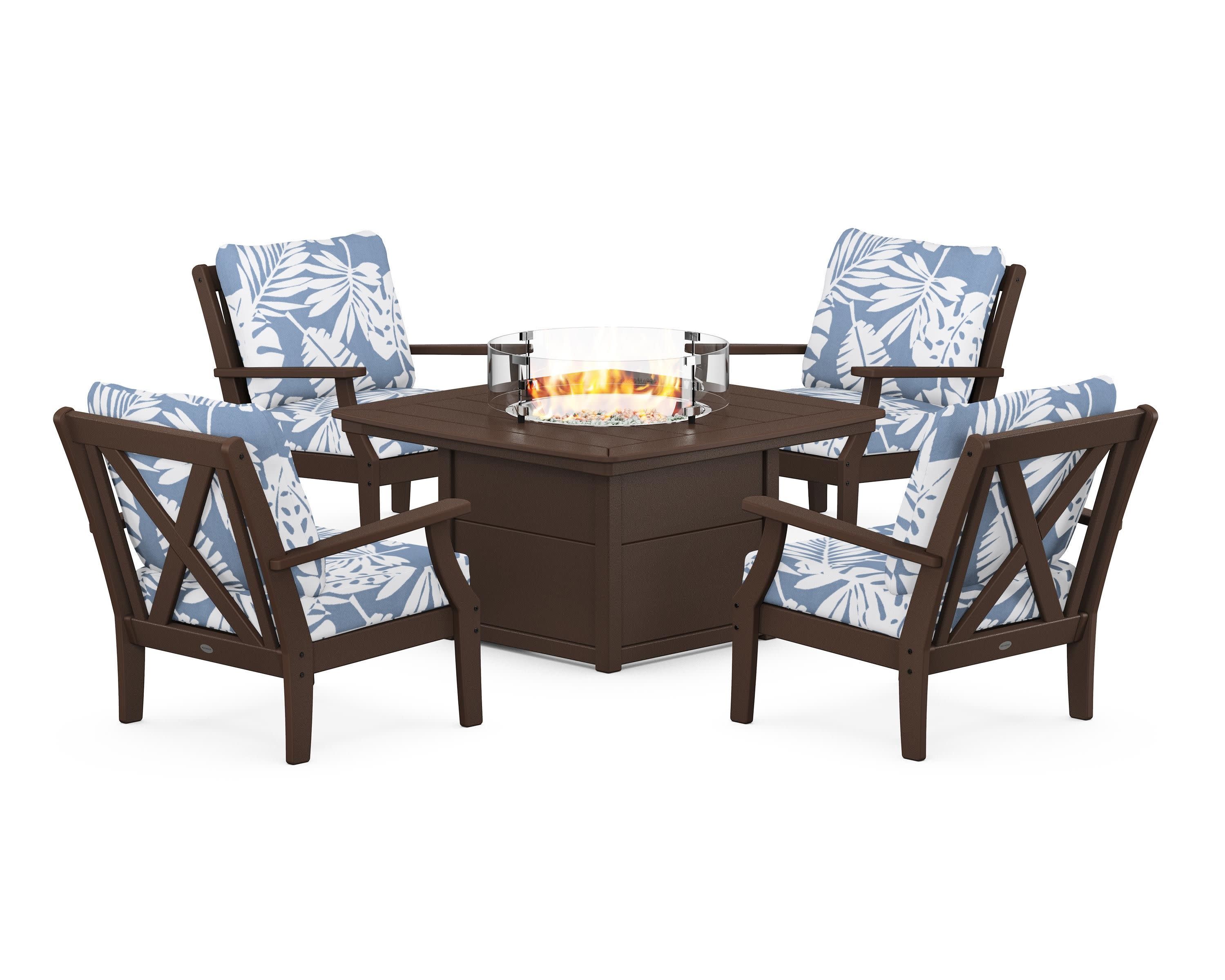 Braxton 5-Piece Deep Seating Conversation Set with Fire Pit Table in Mahogany / Leaf Sky Blue