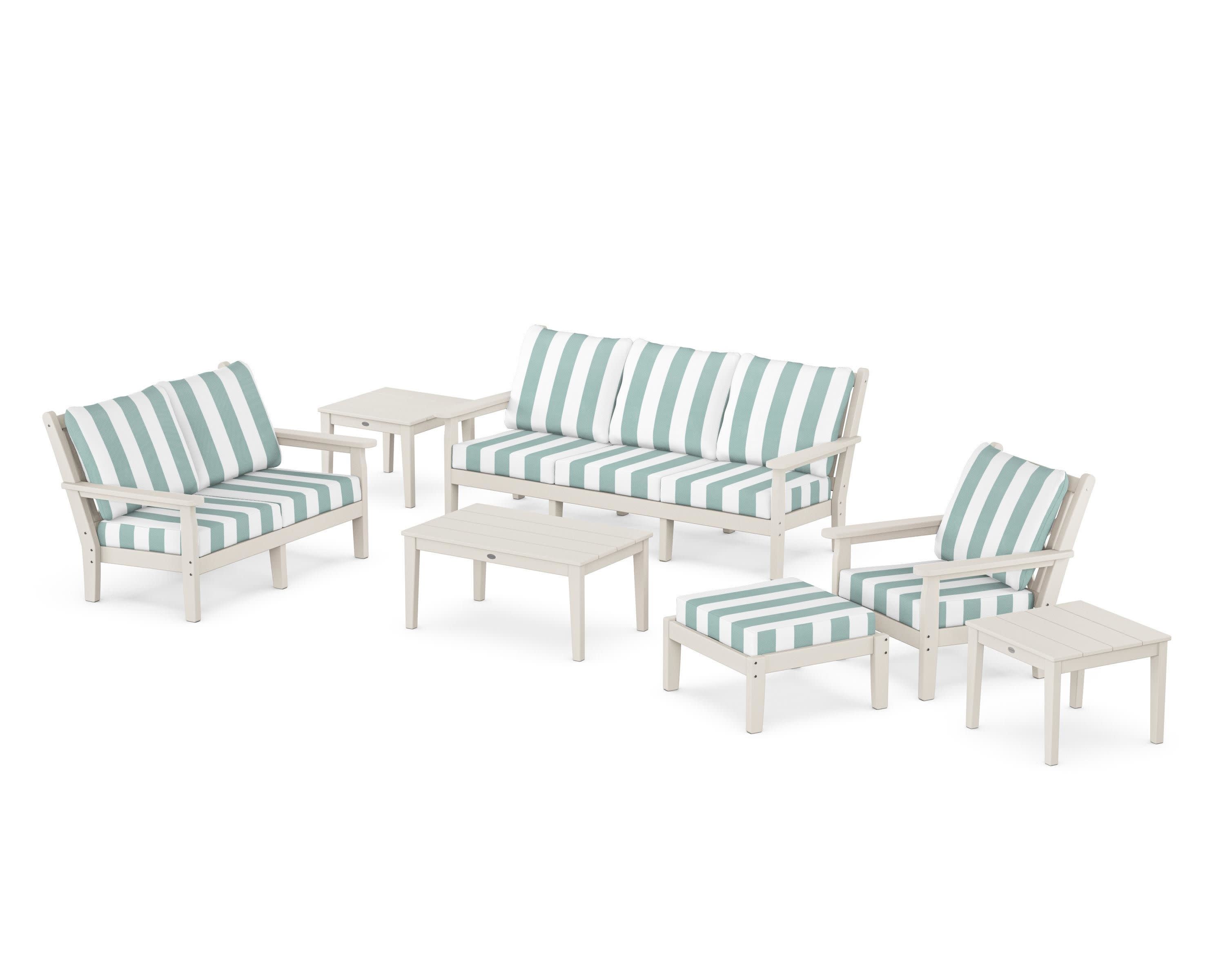 Chippendale 7-Piece Deep Seating Set in Sand / Cabana Stripe Glacier Spa