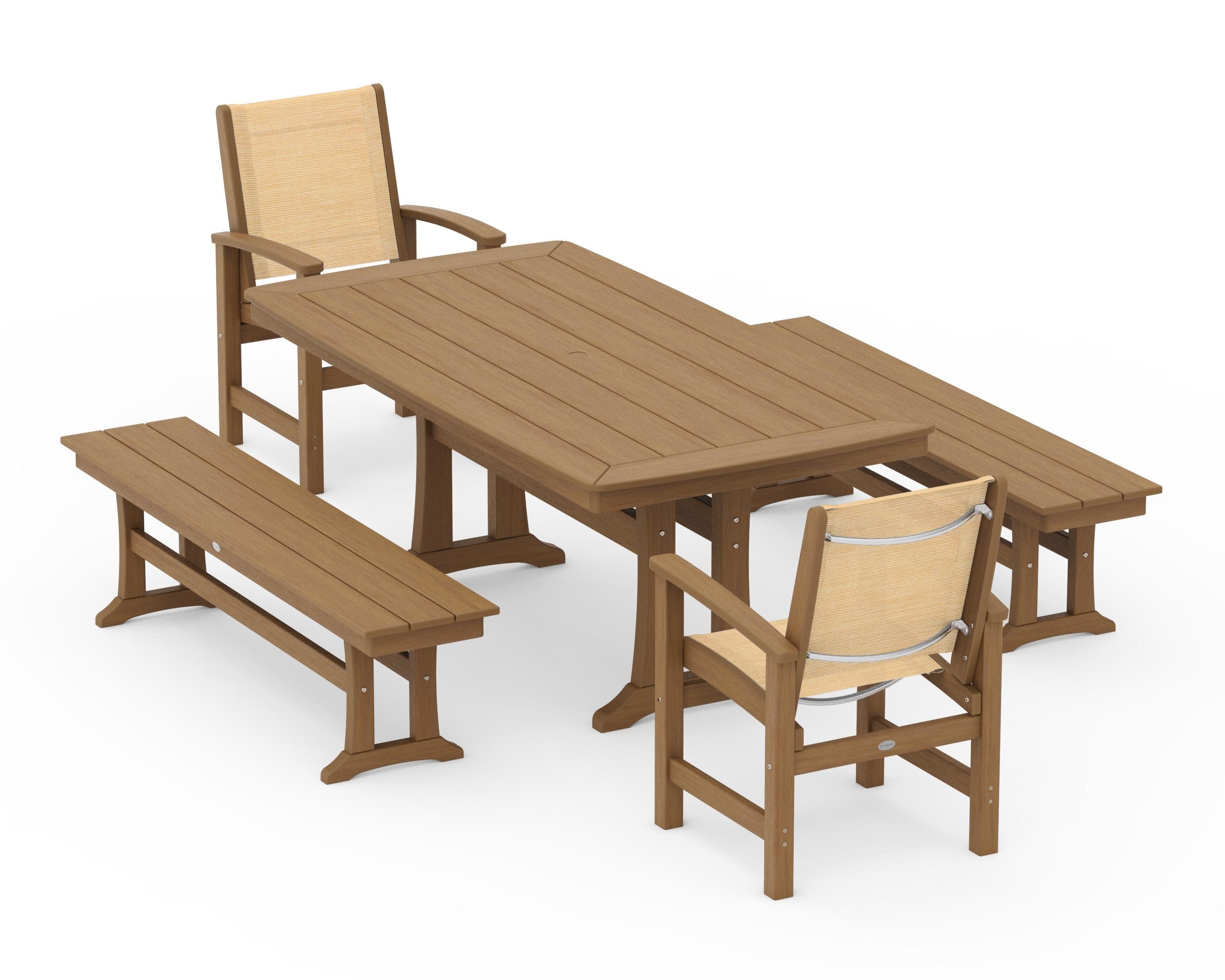 Coastal 5-Piece Dining Set with Trestle Legs and Benches in Natural / Dupioni Apricot Sling