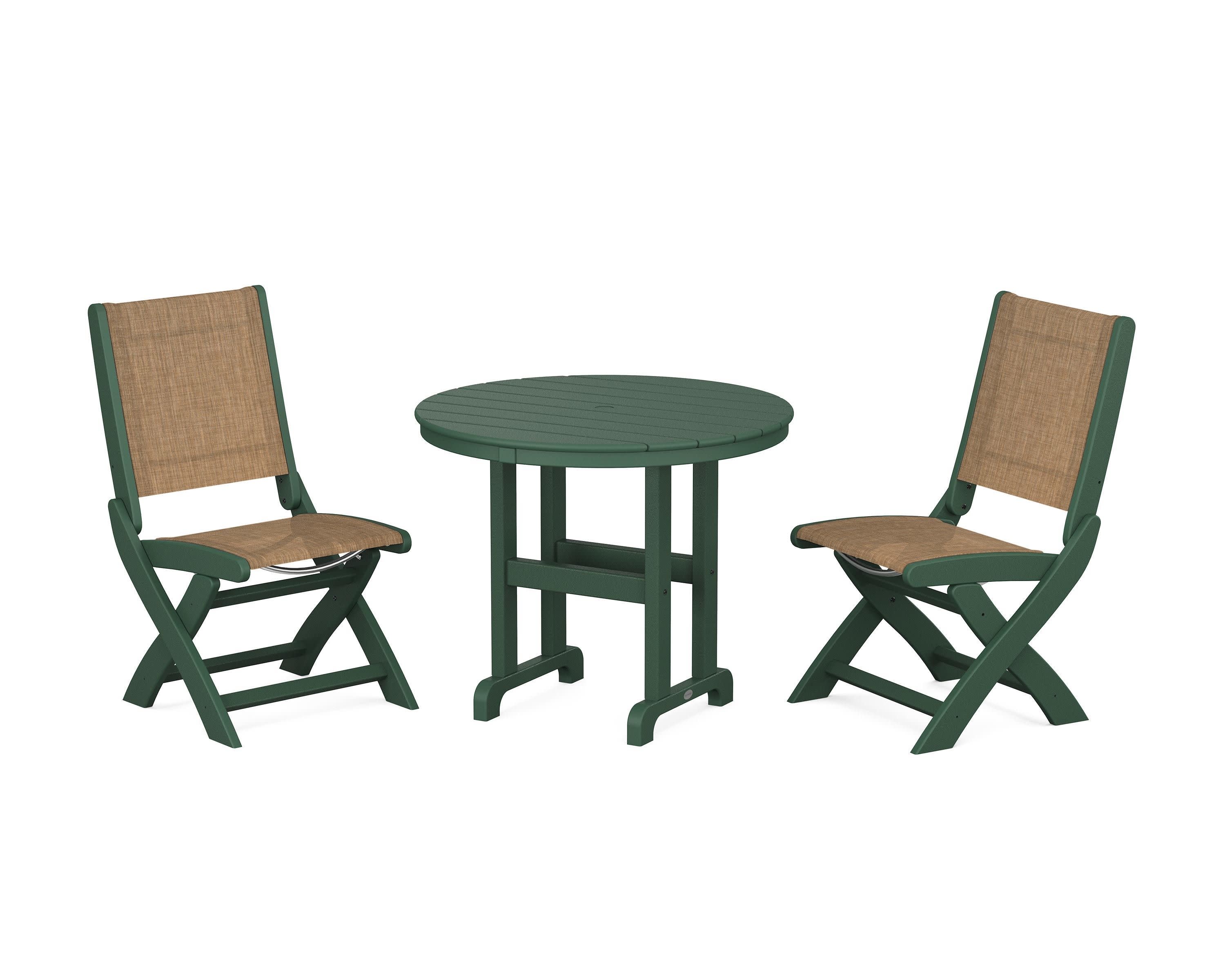 Coastal Folding Side Chair 3-Piece Round Dining Set in Green / Burlap Sling