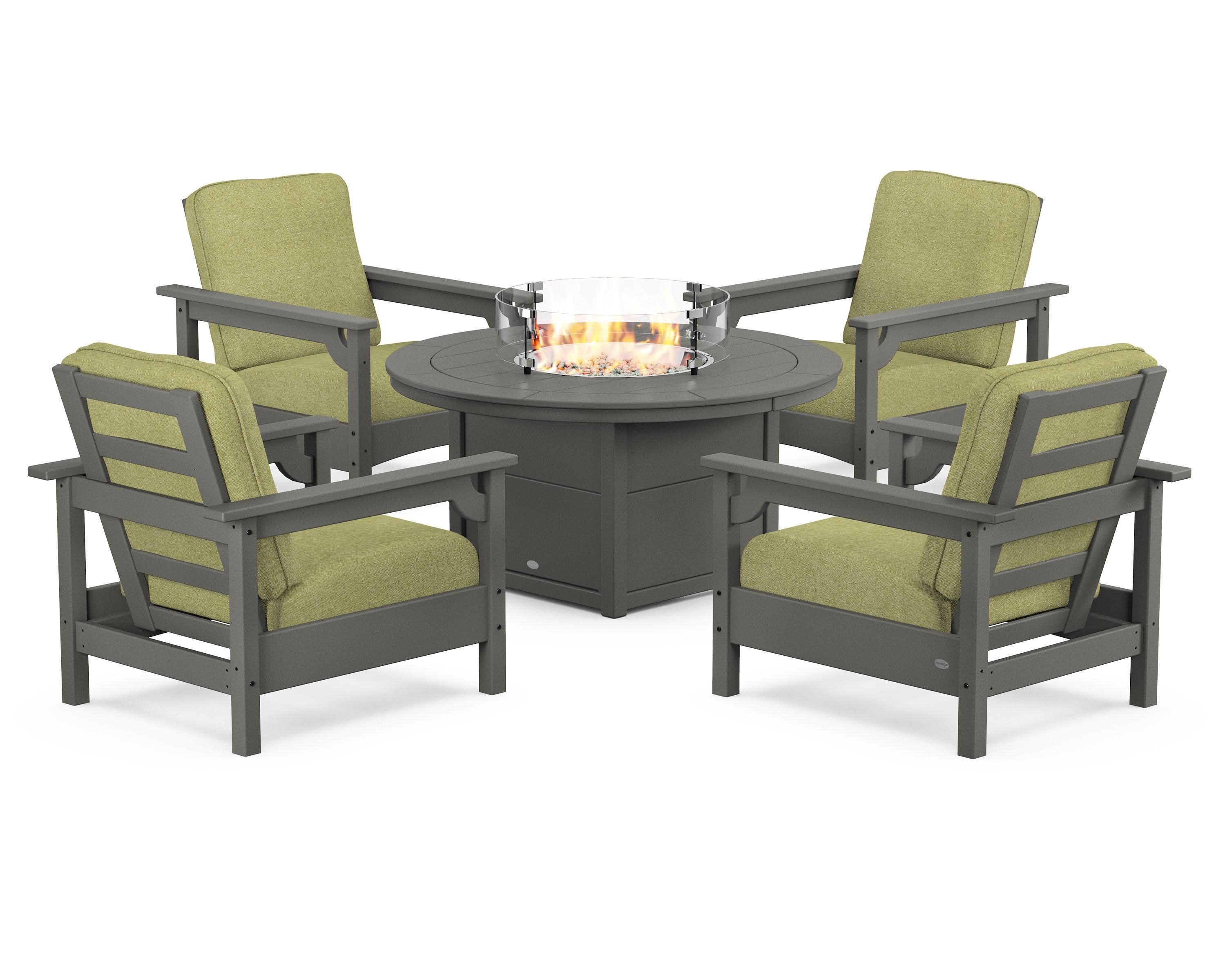 Club 5-Piece Conversation Set with Fire Pit Table in Slate Grey / Chartreuse Boucle