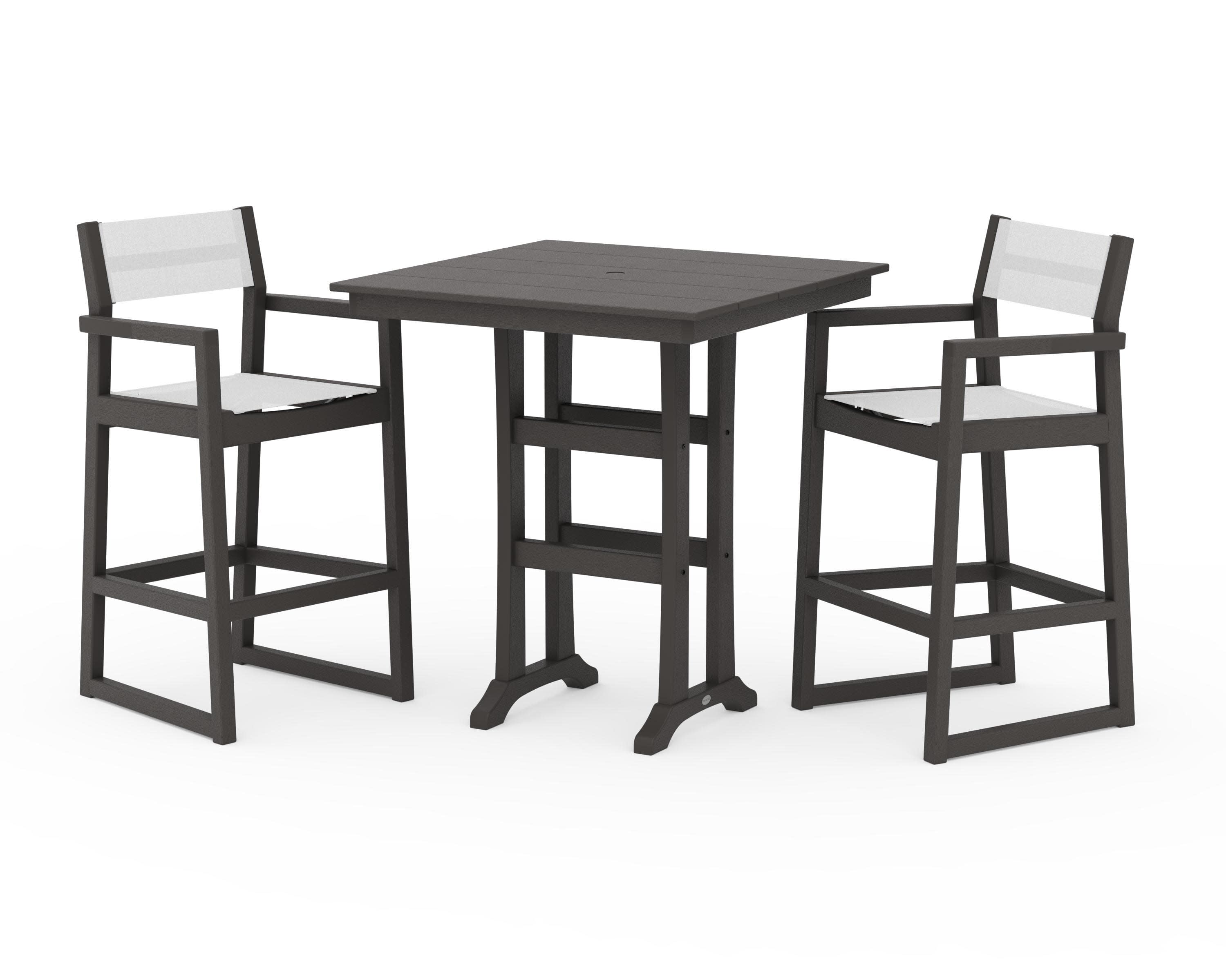 EDGE Sling Arm Chair 3-Piece Farmhouse Bar Set with Trestle Legs in Vintage Coffee / White Sling