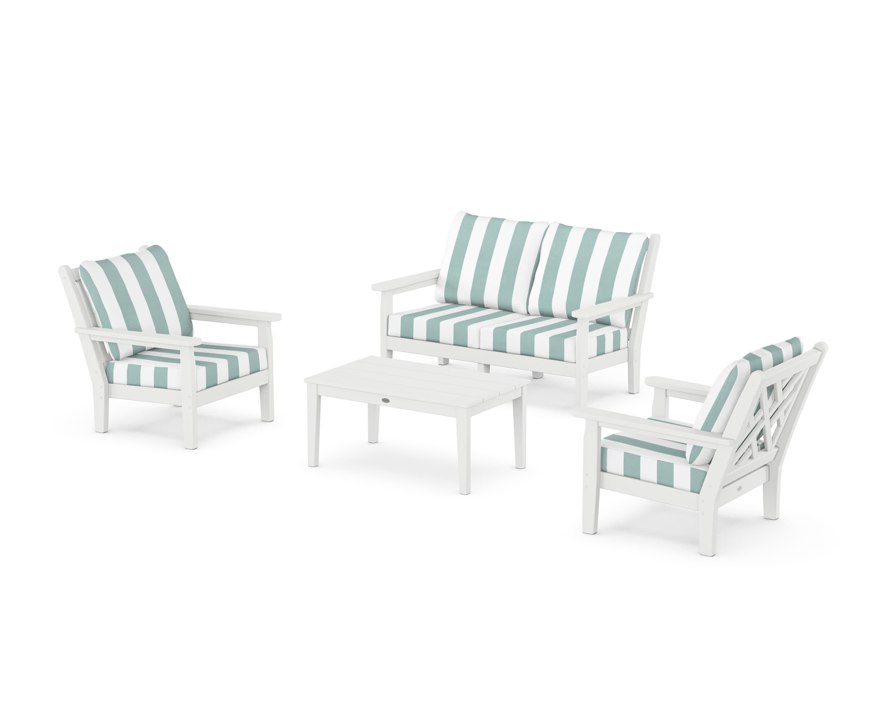 Chippendale 4-Piece Deep Seating Set with Loveseat in White / Cabana Stripe Glacier Spa