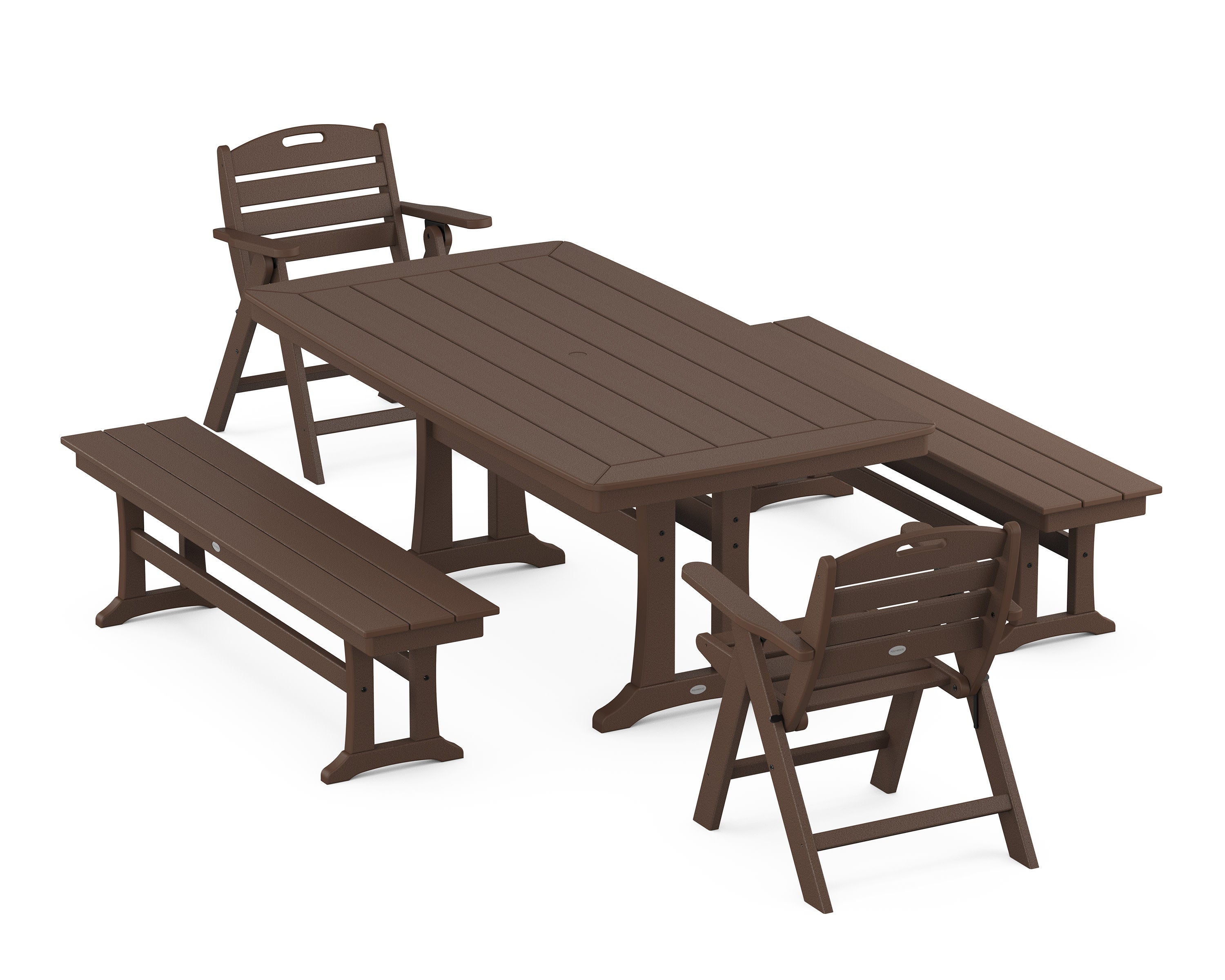Nautical Folding Lowback Chair 5-Piece Dining Set with Trestle Legs and Benches in Mahogany