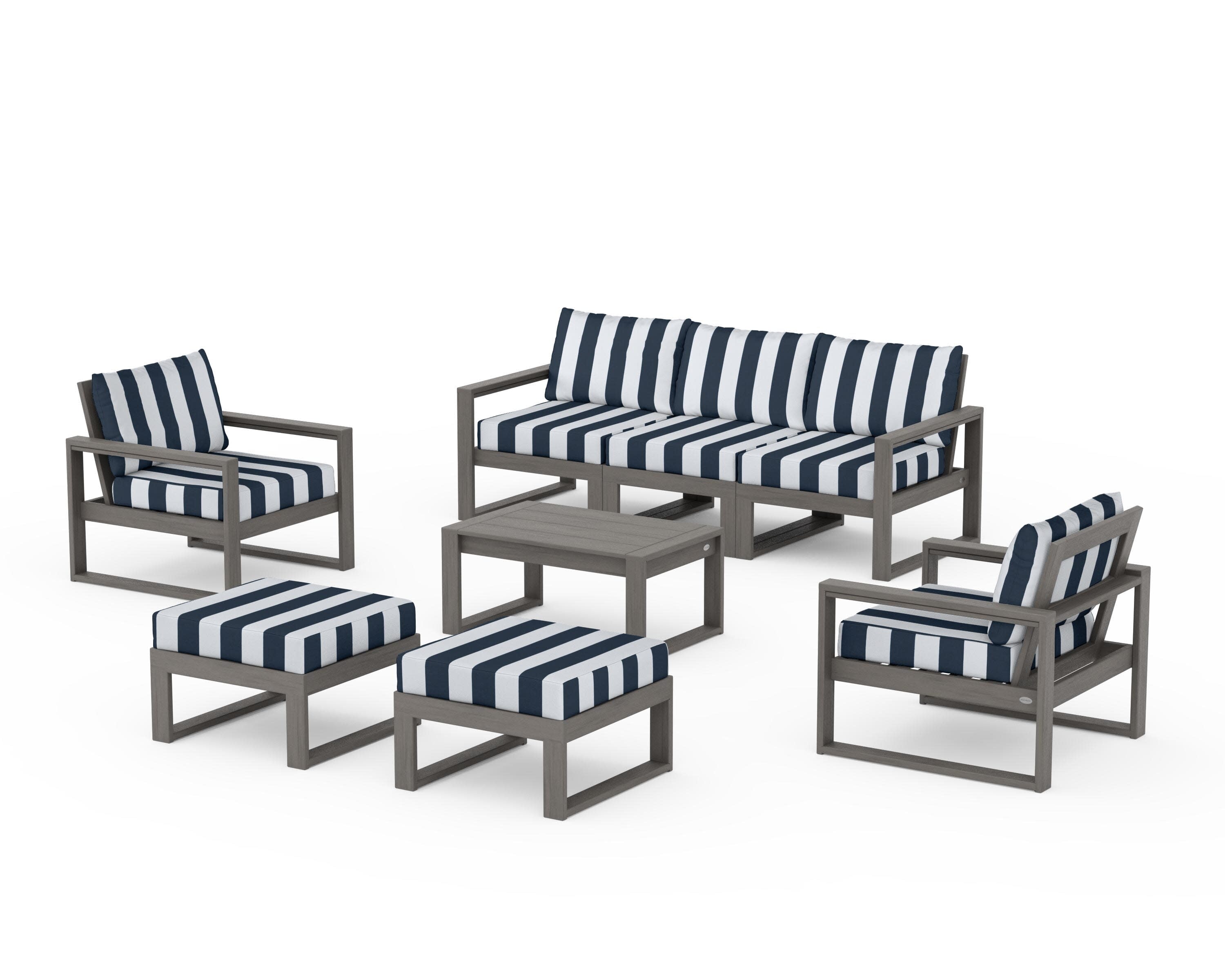 EDGE Sectional 8-Piece Lounge Sofa Set in Driftwood / Cabana Stripe Marine Indigo