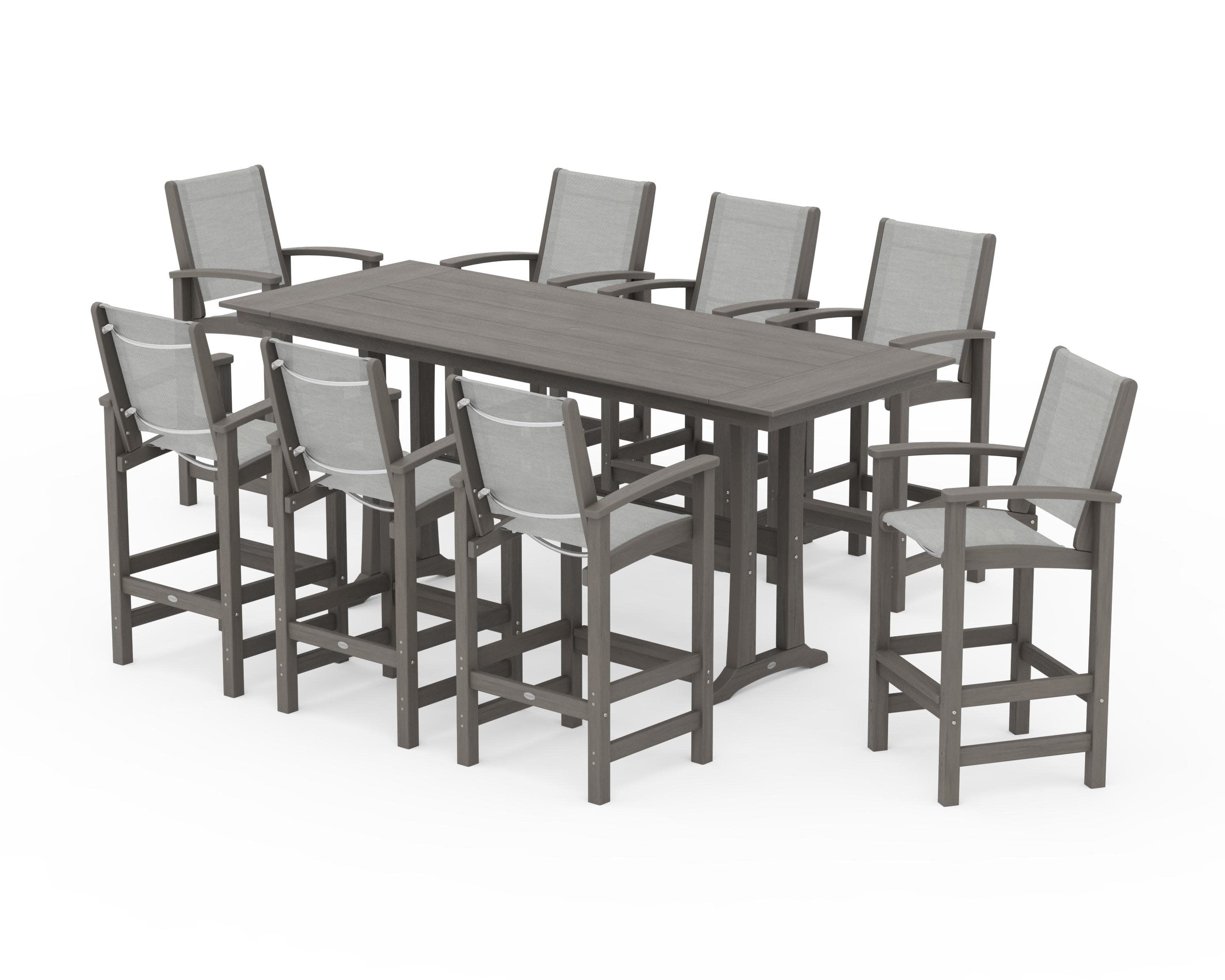 Coastal 9-Piece Farmhouse Bar Set with Trestle Legs in Driftwood / Metallic Sling