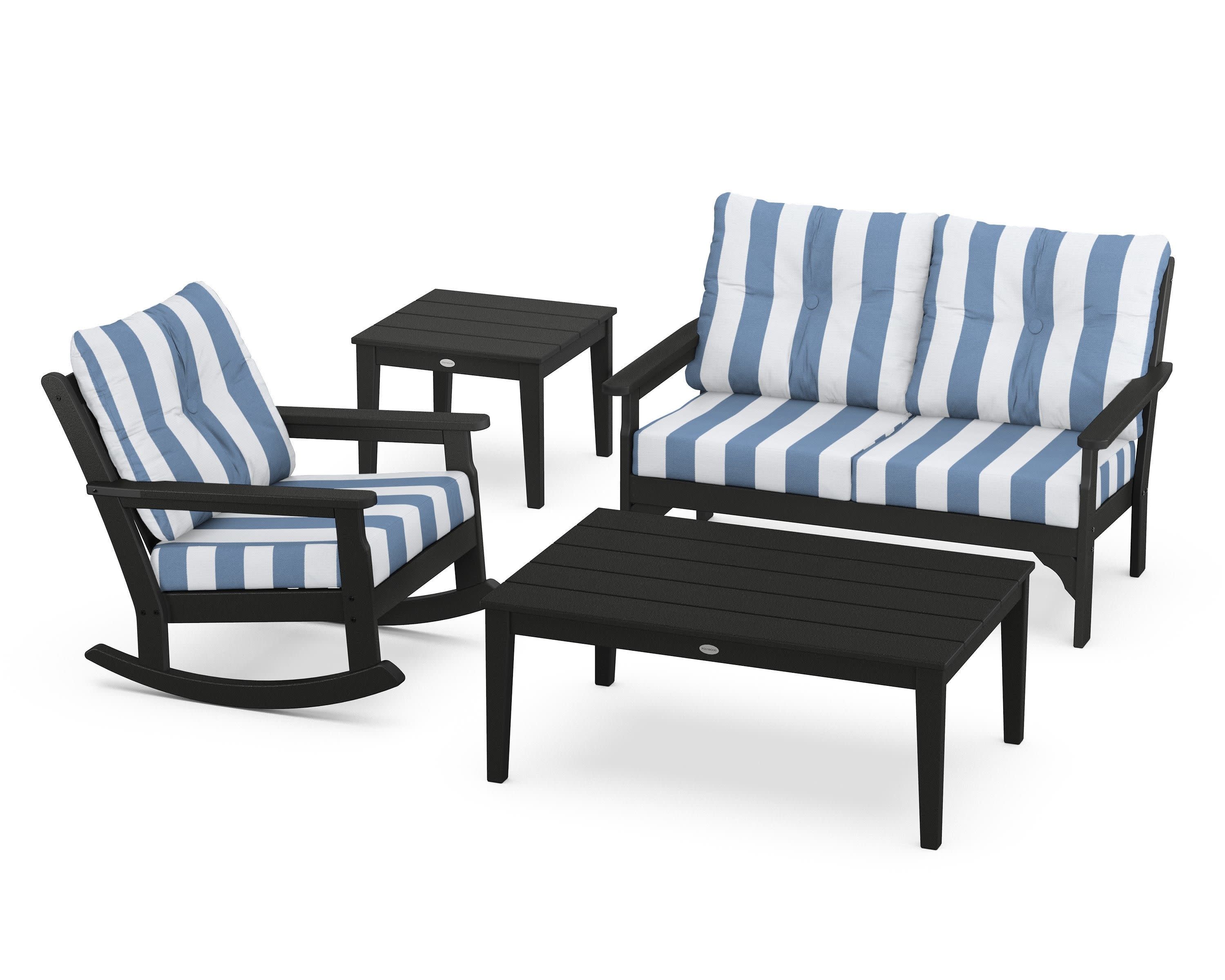 Vineyard 4-Piece Deep Seating Rocker Set in Black / Cabana Stripe Sky Blue