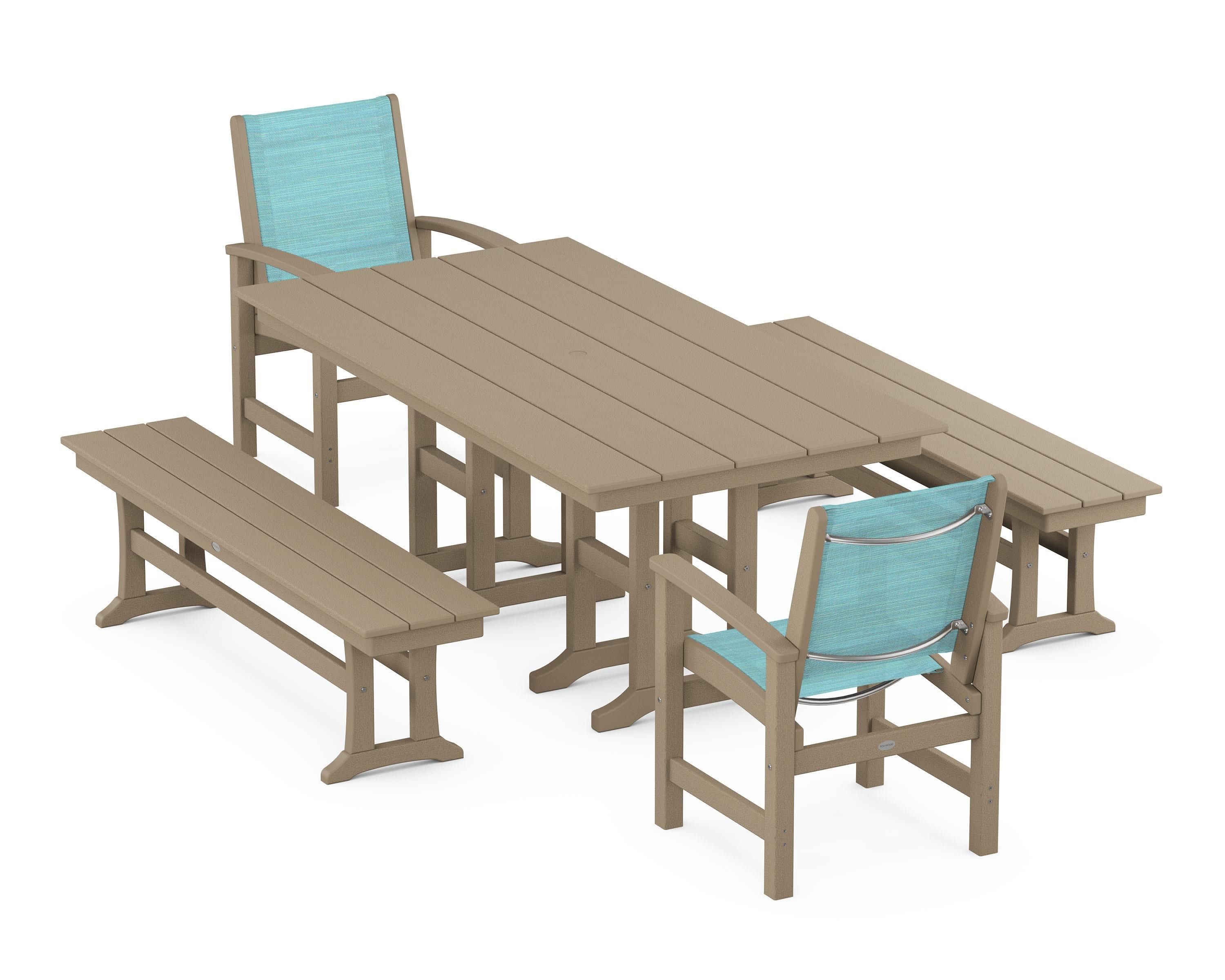 Coastal 5-Piece Farmhouse Dining Set in Vintage Sahara / Dupioni Aquamarine Sling