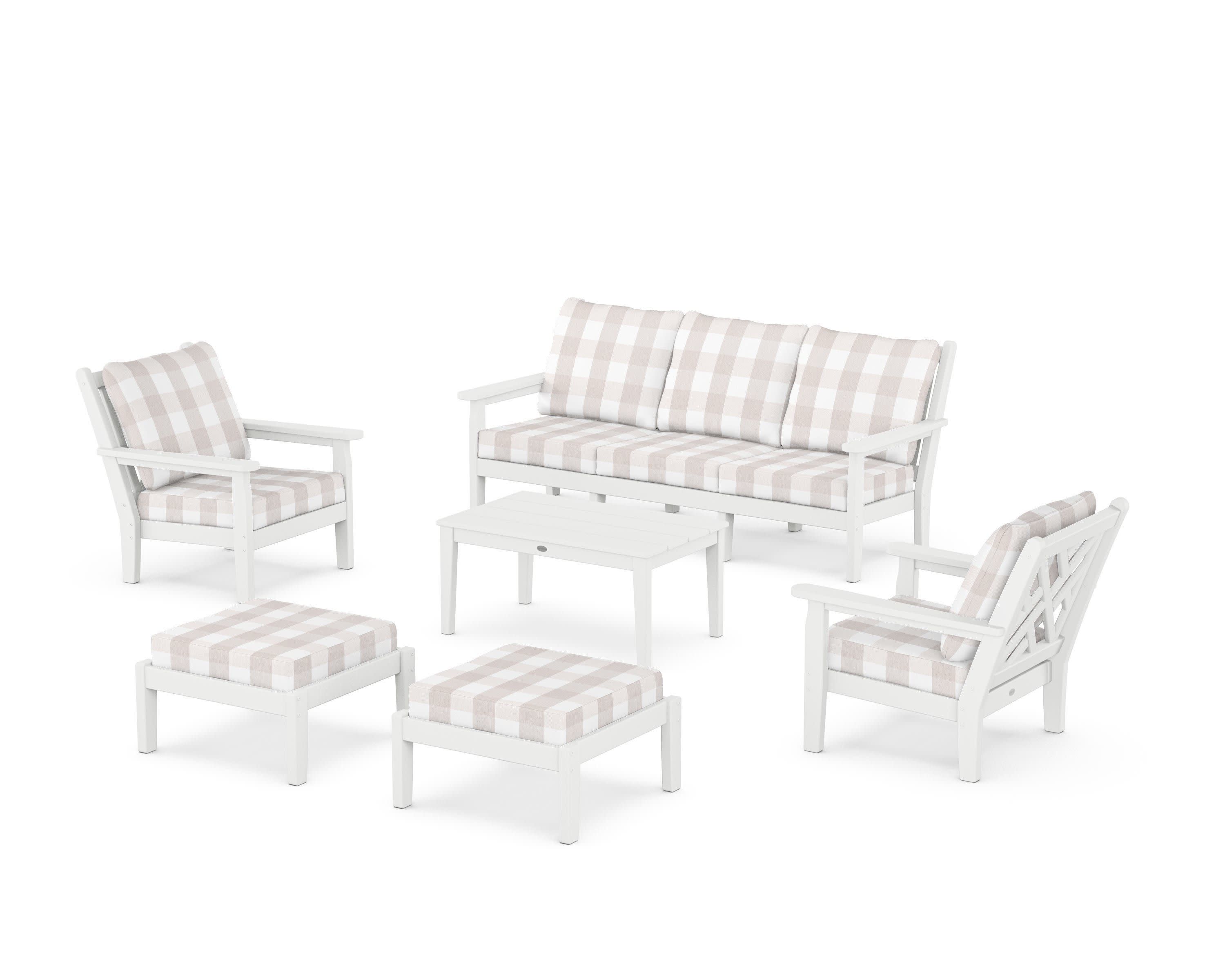 Chippendale 6-Piece Lounge Sofa Set in White / Buffalo Plaid Dune Burlap