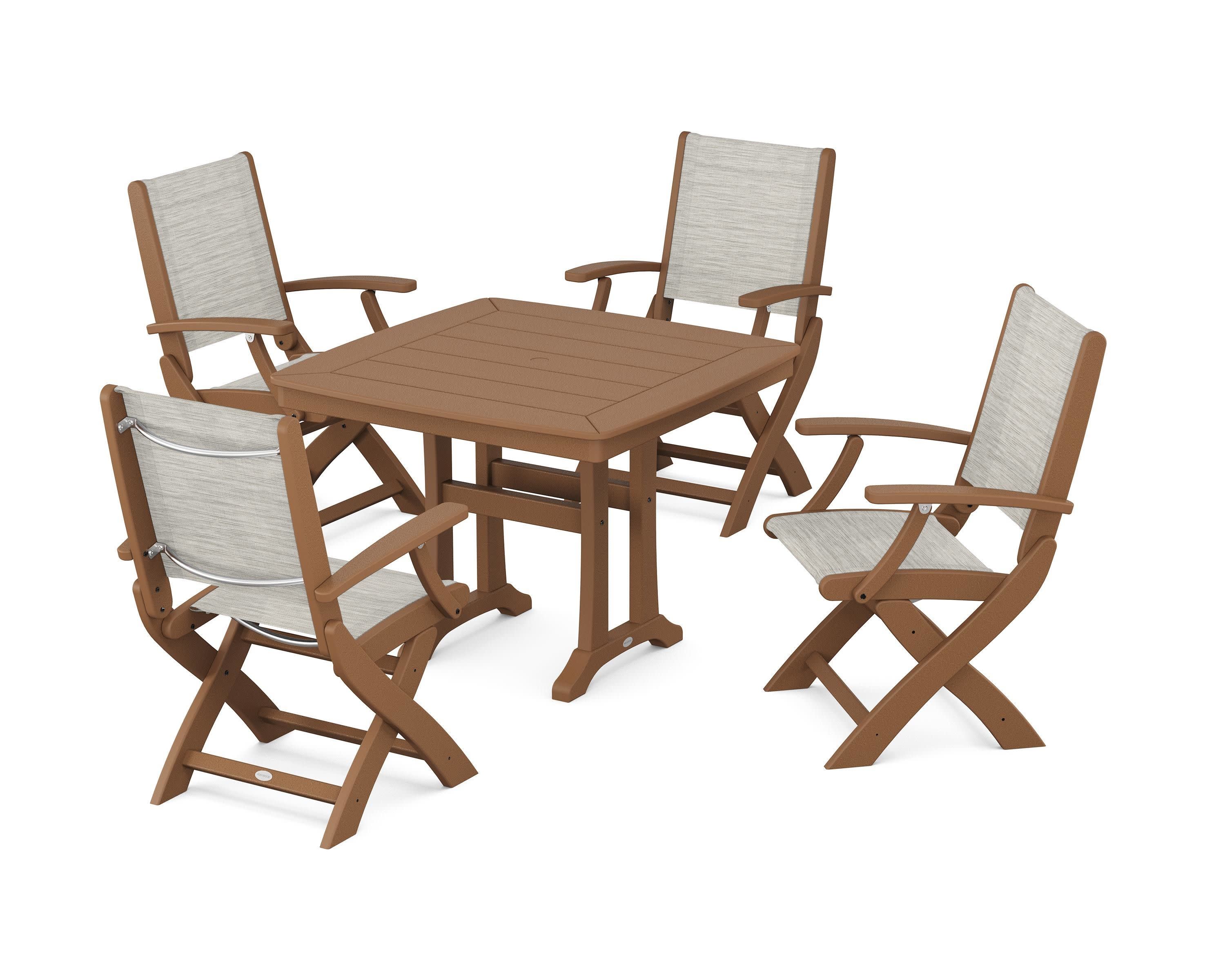 Coastal Folding Chair 5-Piece Dining Set with Trestle Legs in Teak / Birch Sling