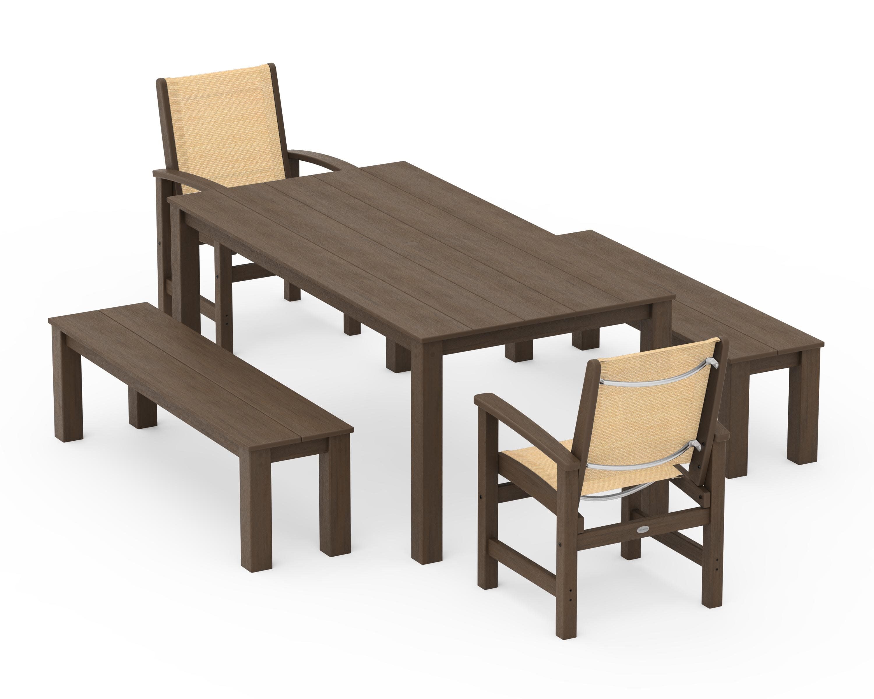 Coastal 5-Piece Parsons Dining Set with Benches in Kona / Dupioni Apricot Sling