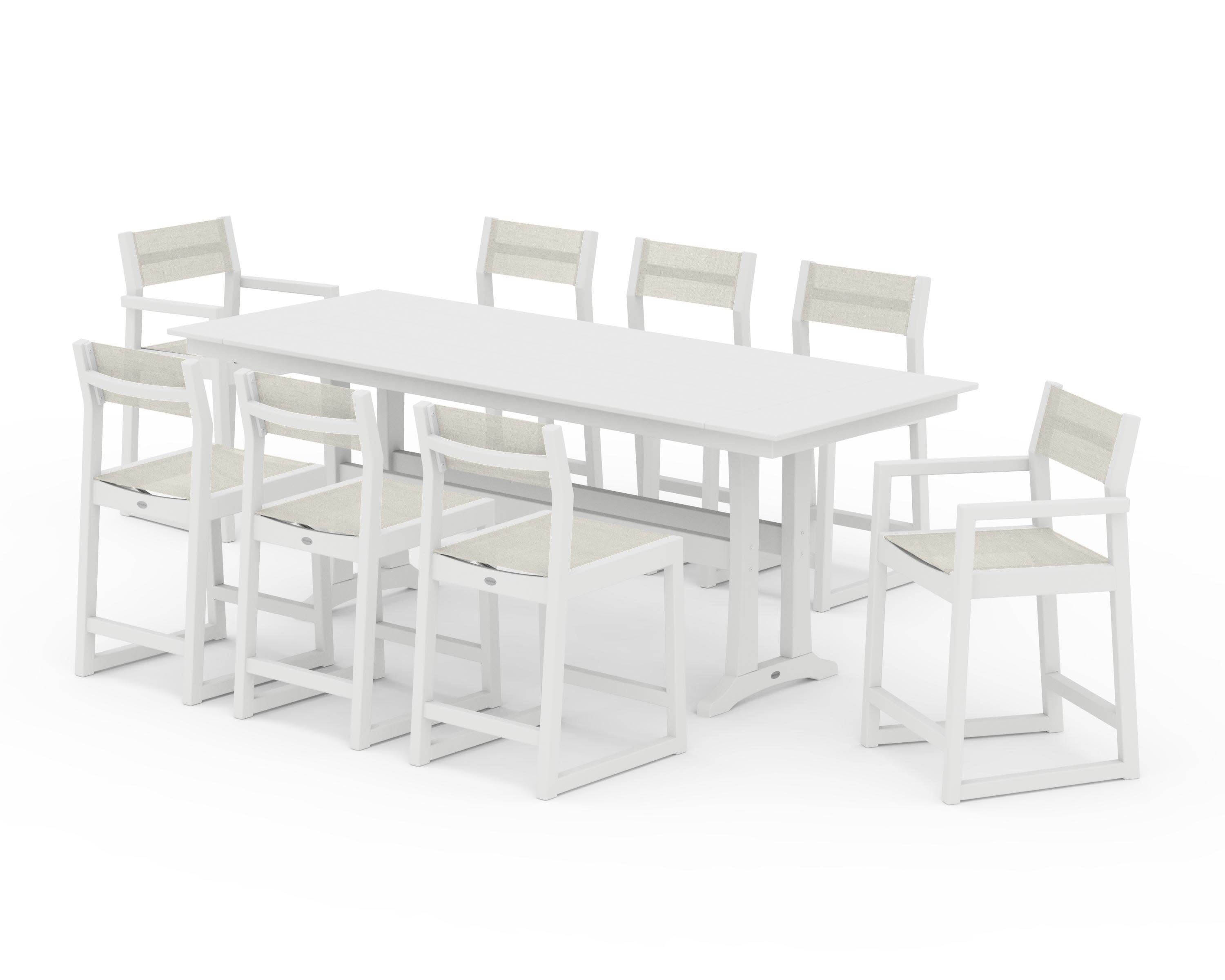 EDGE Sling 9-Piece Farmhouse Counter Set with Trestle Legs in White / Parchment Sling