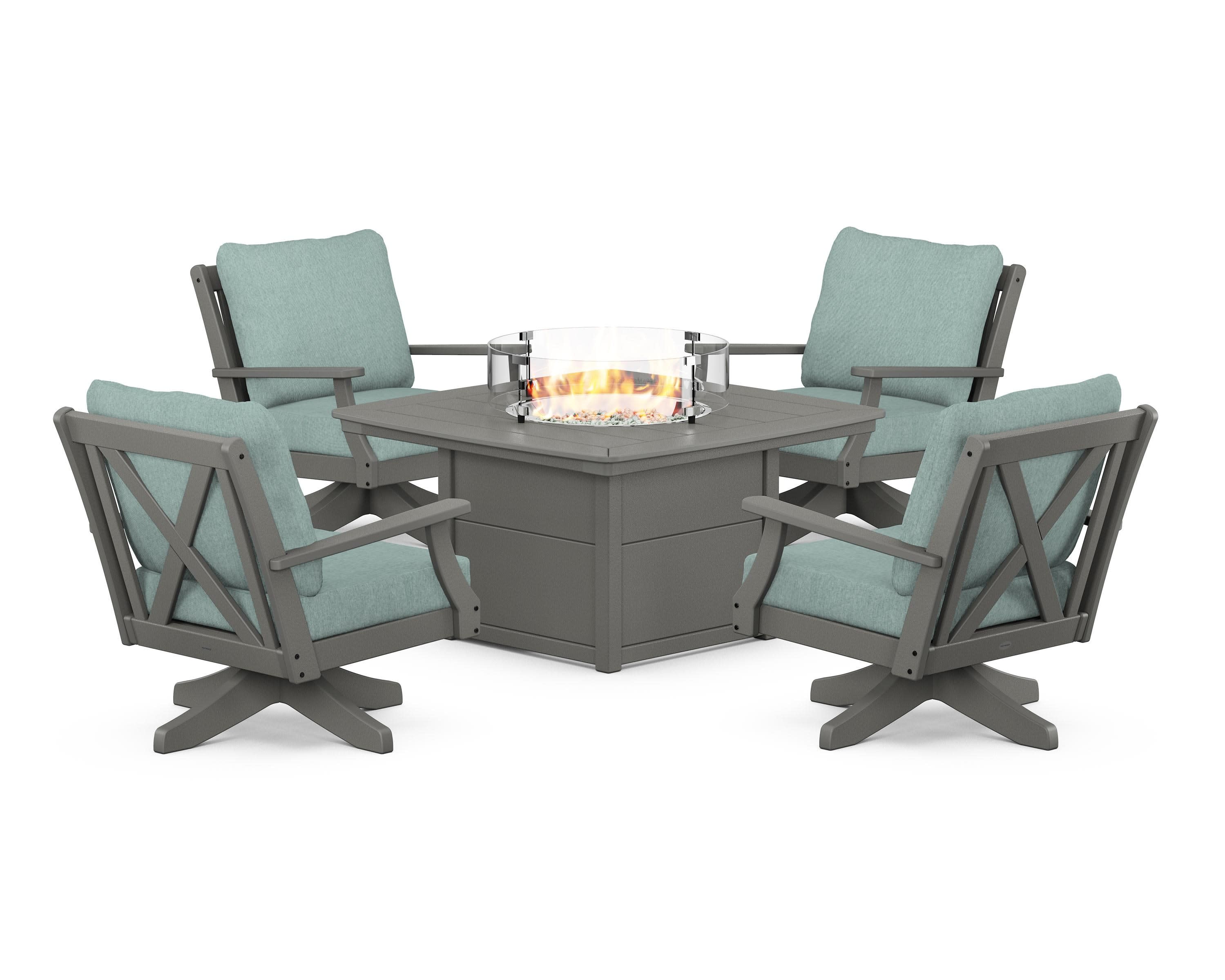 Braxton 5-Piece Deep Seating Swivel Conversation Set with Fire Pit Table in Slate Grey / Glacier Spa
