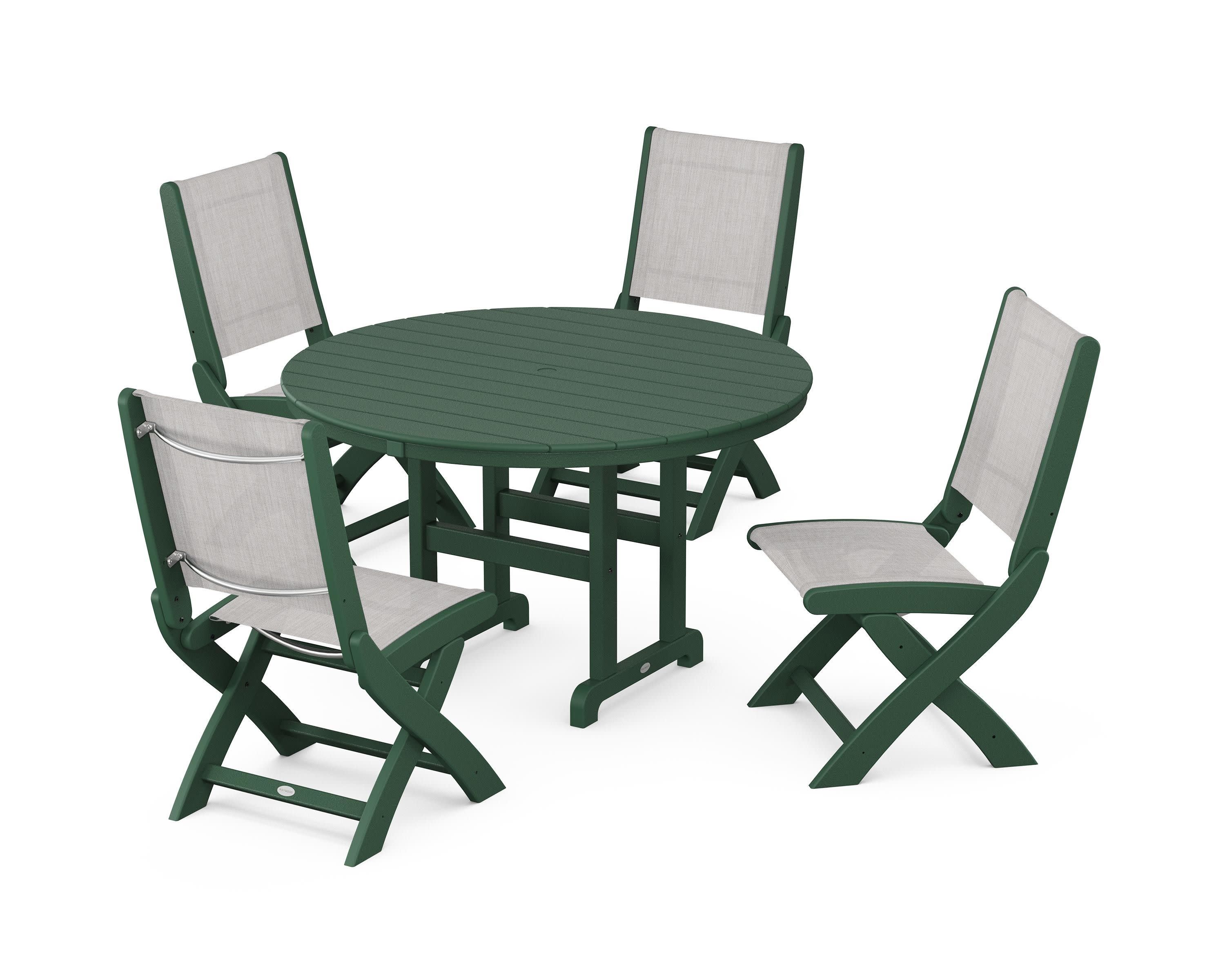 Coastal Folding Side Chair 5-Piece Round Dining Set in Green / Parchment Sling