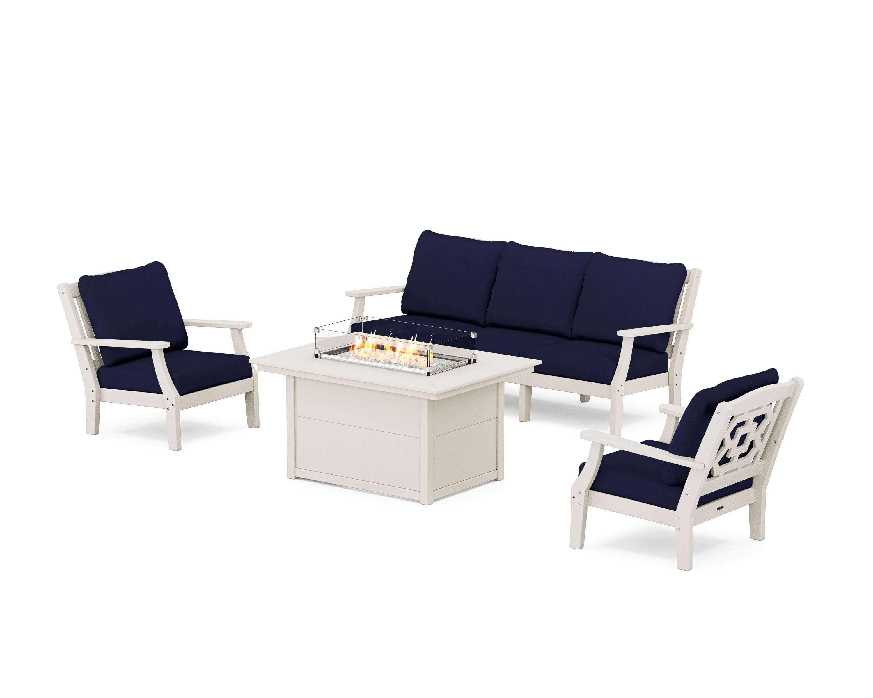 Chinoiserie Deep Seating Fire Pit Table Set in Sand / Navy