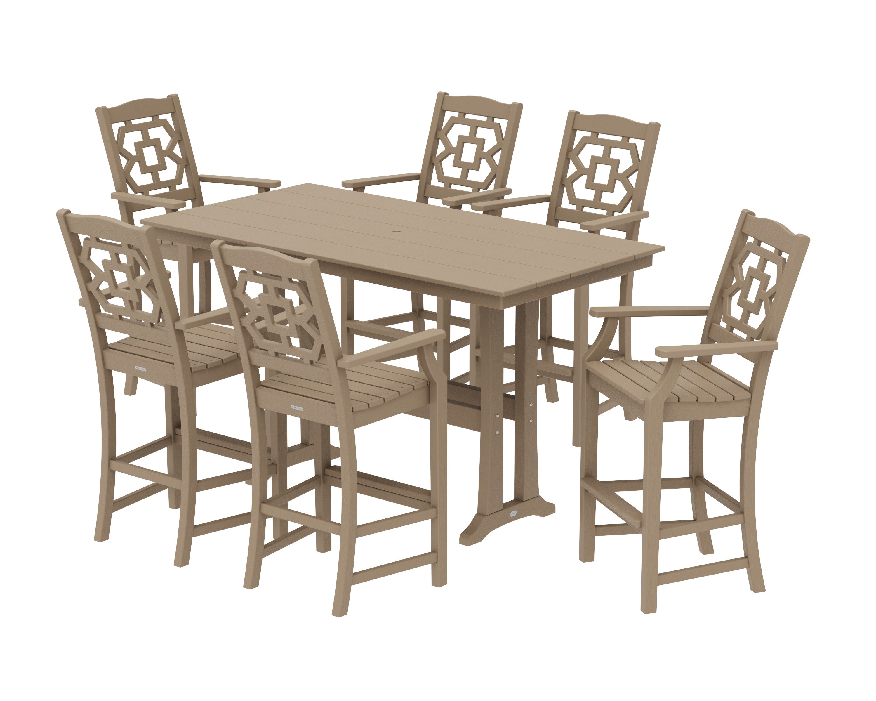 Chinoiserie Arm Chair 7-Piece Farmhouse Bar Set with Trestle Legs in Vintage Sahara