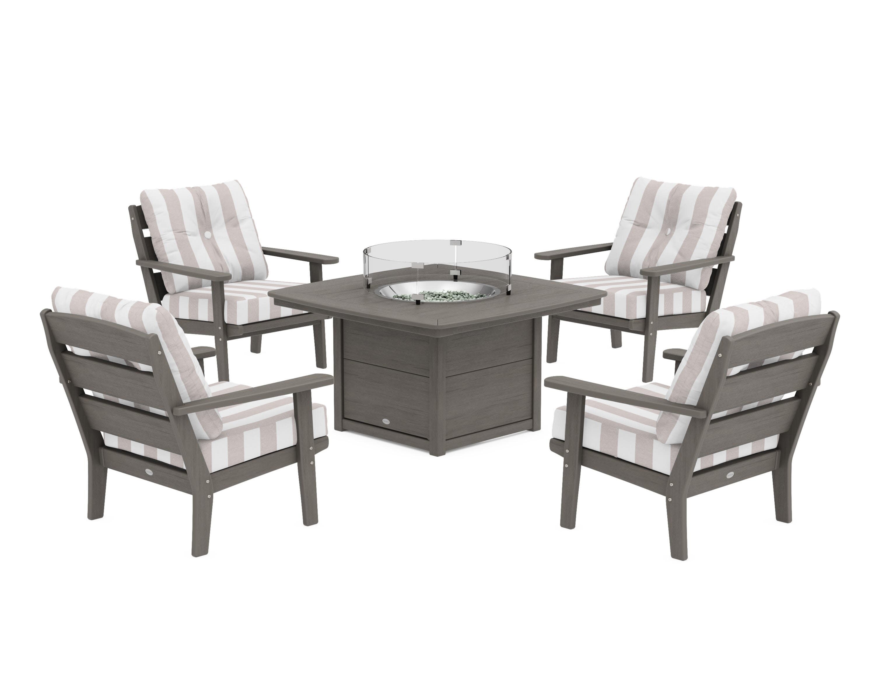 Lakeside 5-Piece Deep Seating Set with Nautical Fire Pit Table in Driftwood / Cabana Stripe Dune Burlap