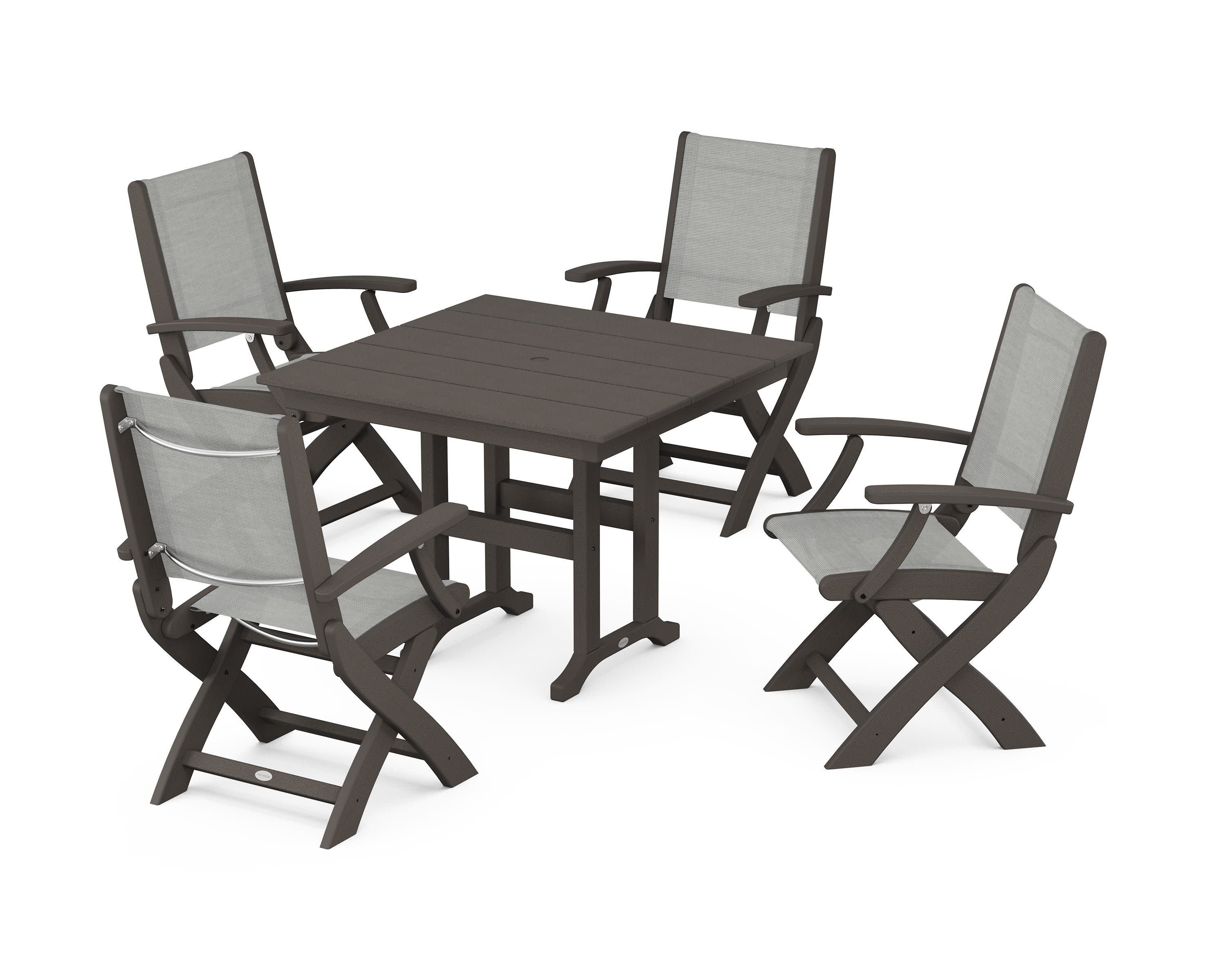 Coastal Folding Chair 5-Piece Farmhouse Dining Set in Vintage Coffee / Metallic Sling