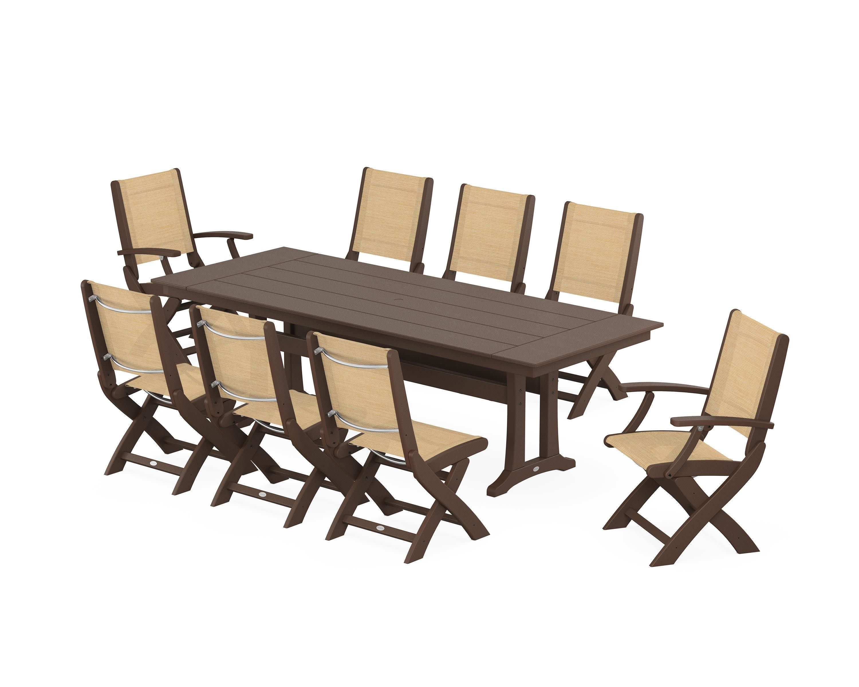 Coastal 9-Piece Folding Dining Chair Farmhouse Dining Set with Trestle Legs in Mahogany / Dupioni Apricot Sling