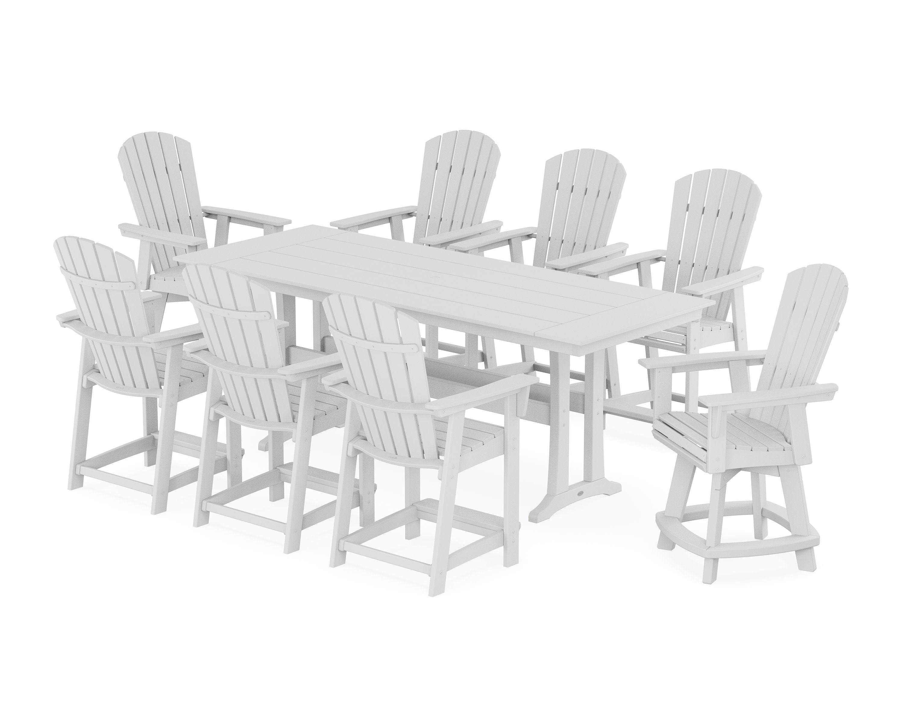 Nautical Curveback Adirondack Swivel Chair 9-Piece Farmhouse Counter Set with Trestle Legs in White